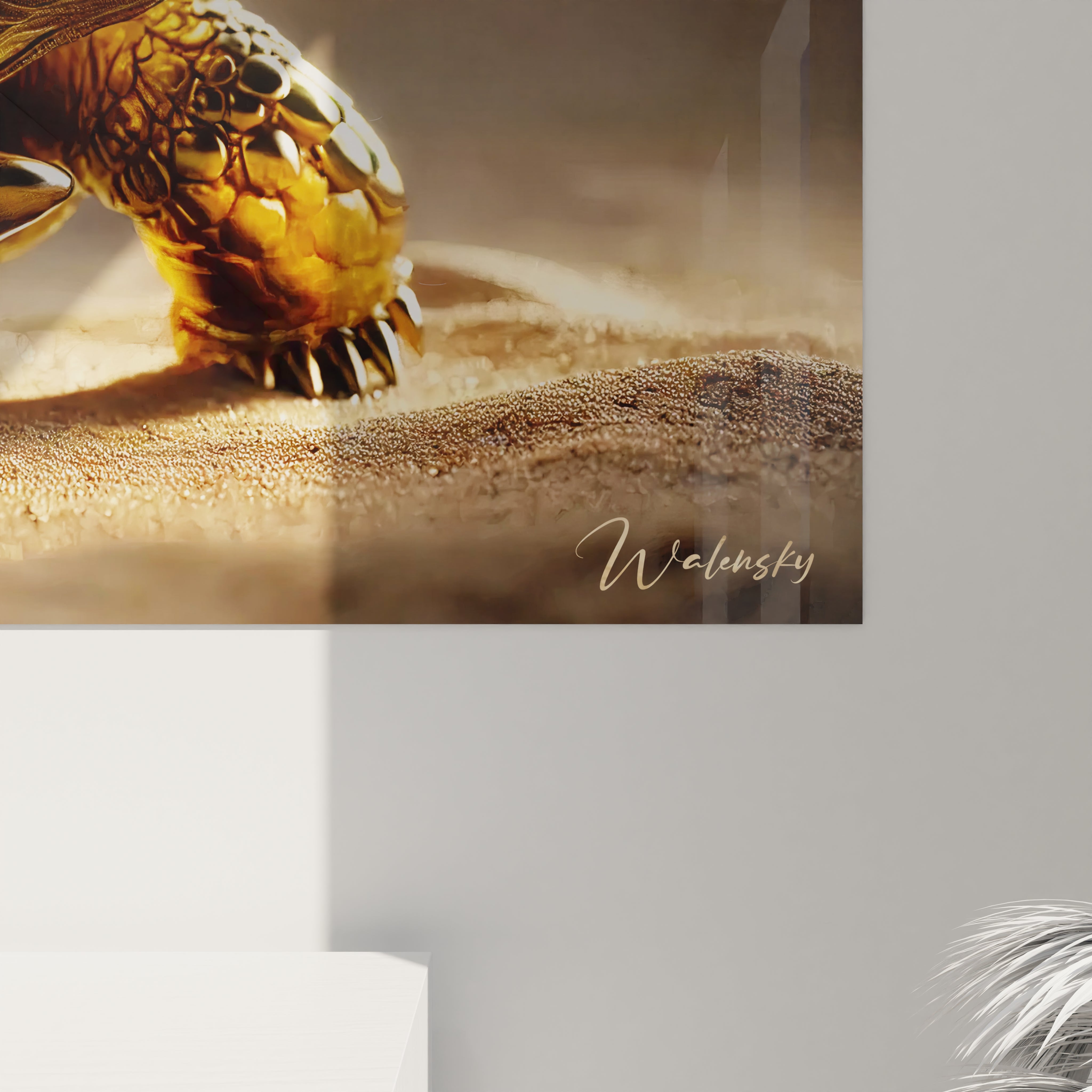 Vue rapprochee du tableau tortue terrestre. La carapace metallique, avec ses reflets naturels, ajoute un effet saisissant de profondeur. Ideal pour ceux qui cherchent une œuvre moderne et luxueuse.