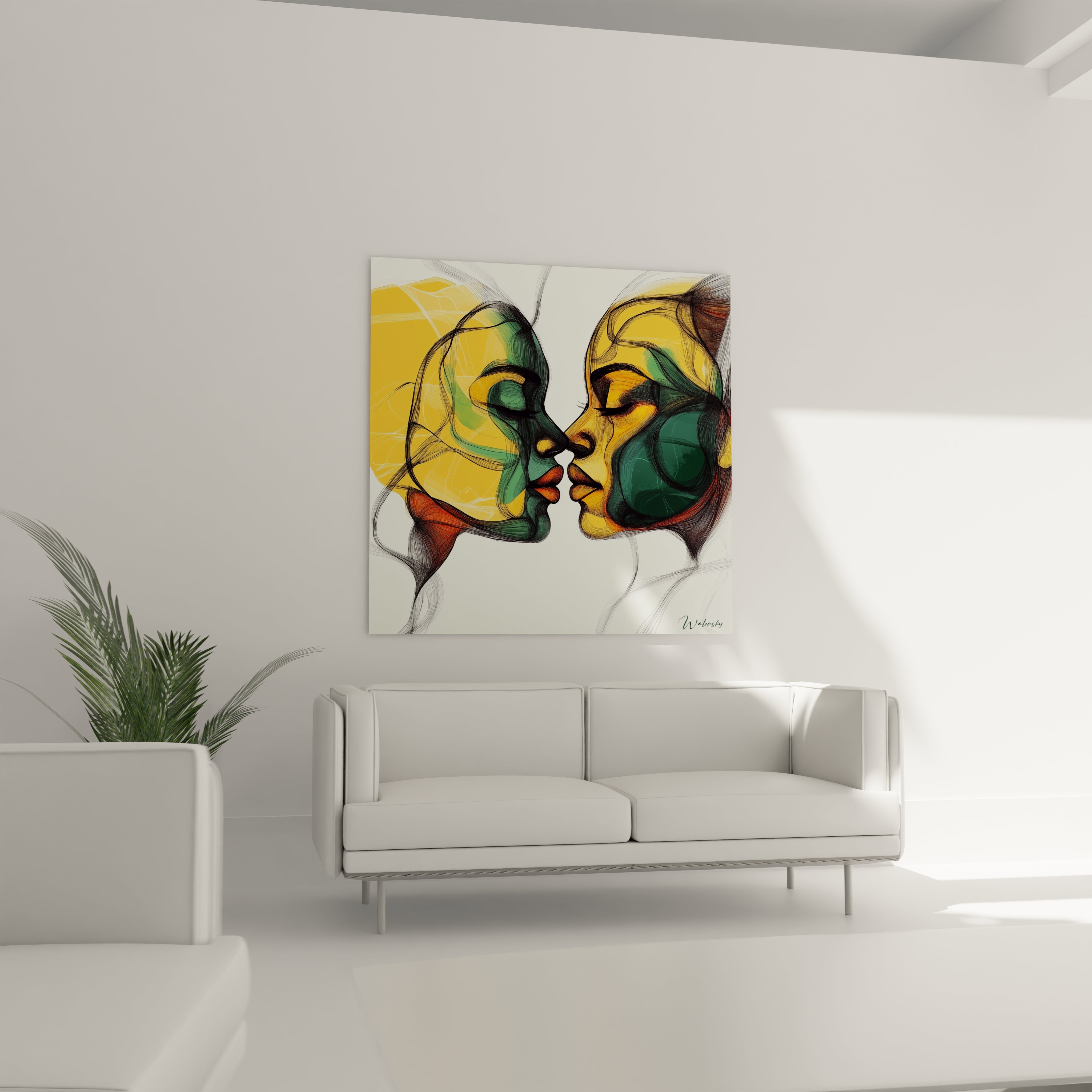 Un tableau visage abstrait présentant deux profils en conversation silencieuse. L'œuvre utilise des traits filiformes noirs sur fond clair avec des aplats de couleur jaune lumineux, vert émeraude et accents orange-rouge, créant une impression de mouvement et de connexion.