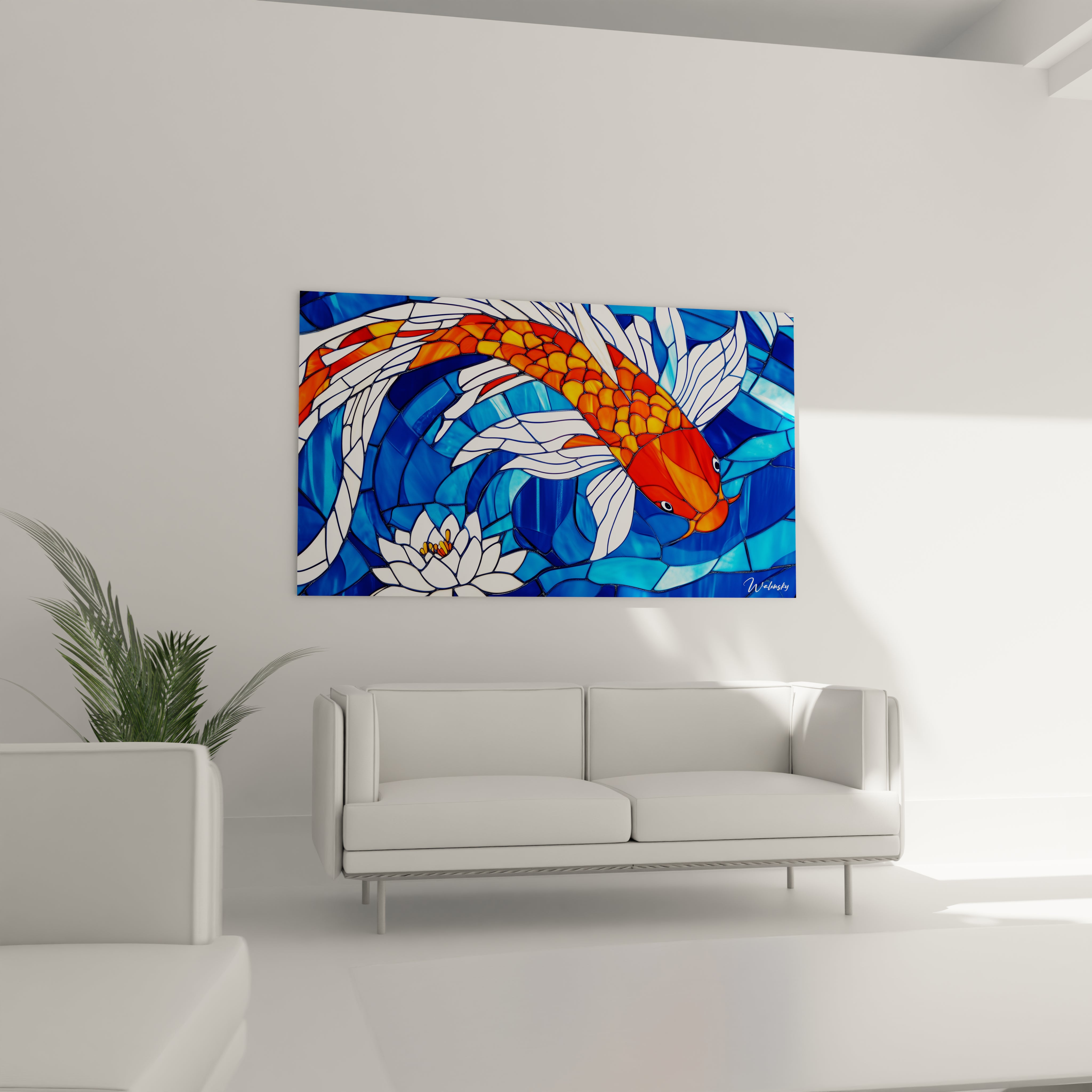 Un tableau vitrail japonais présentant une carpe koï orange vif avec des nageoires blanches nageant en courbe autour d'une fleur de lotus blanche, sur un fond de tesselles bleues variées du turquoise au bleu profond, l'ensemble créant un effet translucide évoquant les profondeurs aquatiques.