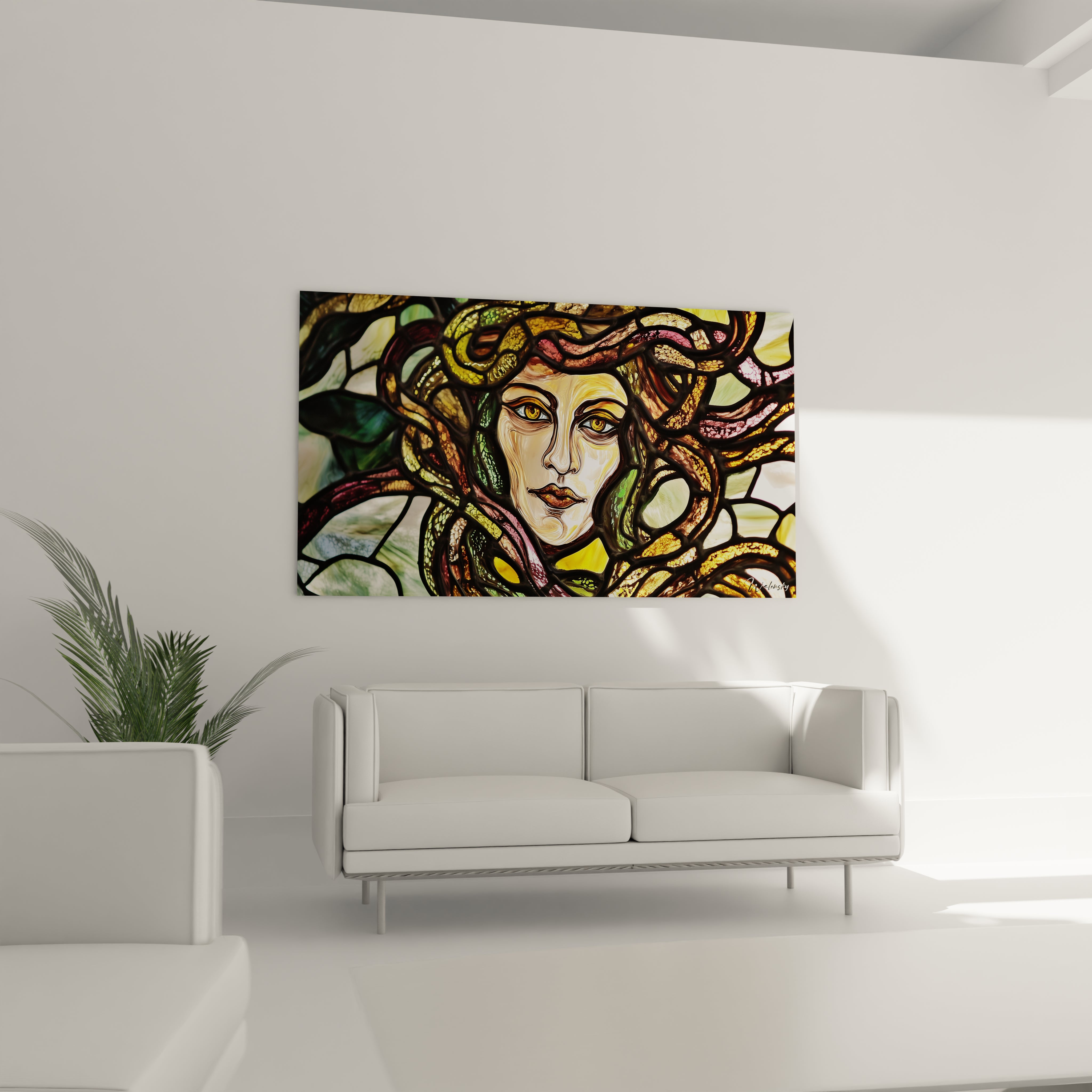 Tableau vitraux mythologique montrant une figure féminine aux yeux dorés perçants, entourée de formes organiques colorées ressemblant à des serpents, avec une texture simulant la translucidité du verre coloré et des jeux de lumière qui accentuent la profondeur visuelle.