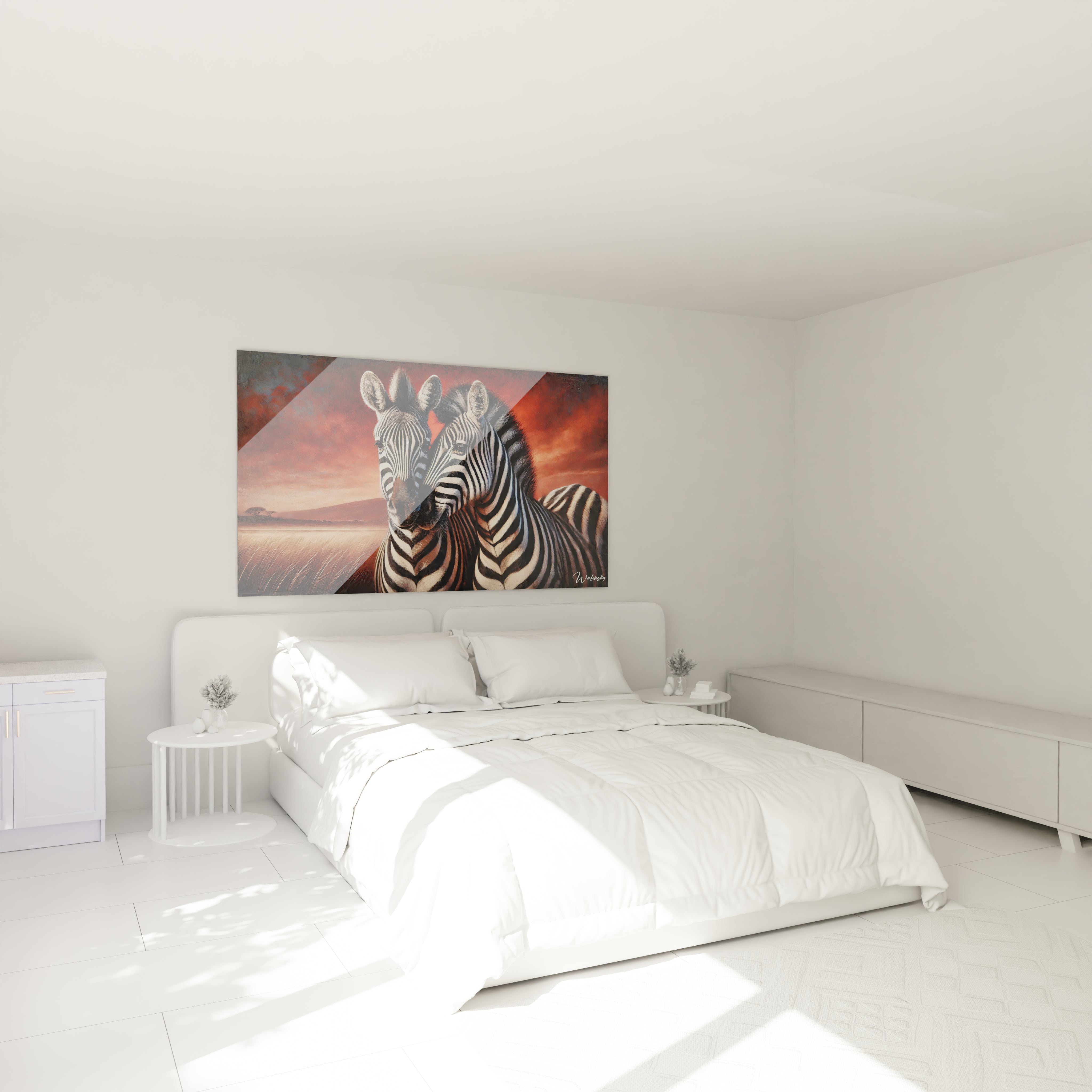 Accroche ce tableau zebre au-dessus de ton lit pour une ambiance apaisante et naturelle. Les zebres et le coucher de soleil apportent une harmonie visuelle parfaite pour une chambre élégante et relaxante.