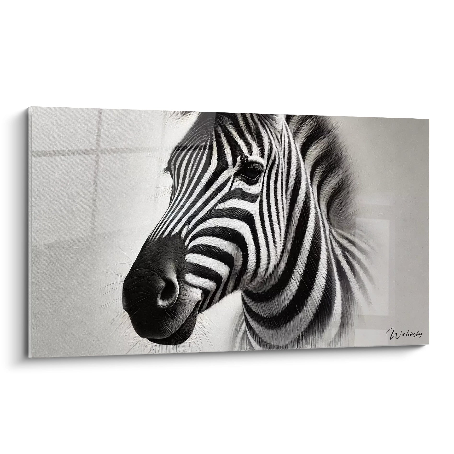 Admirez ce tableau zebre vu de biais, mettant en valeur les détails fascinants du pelage rayé. L'oeuvre en noir et blanc, minimaliste et élégante, capte la beauté sauvage du zebre dans une vision réaliste.