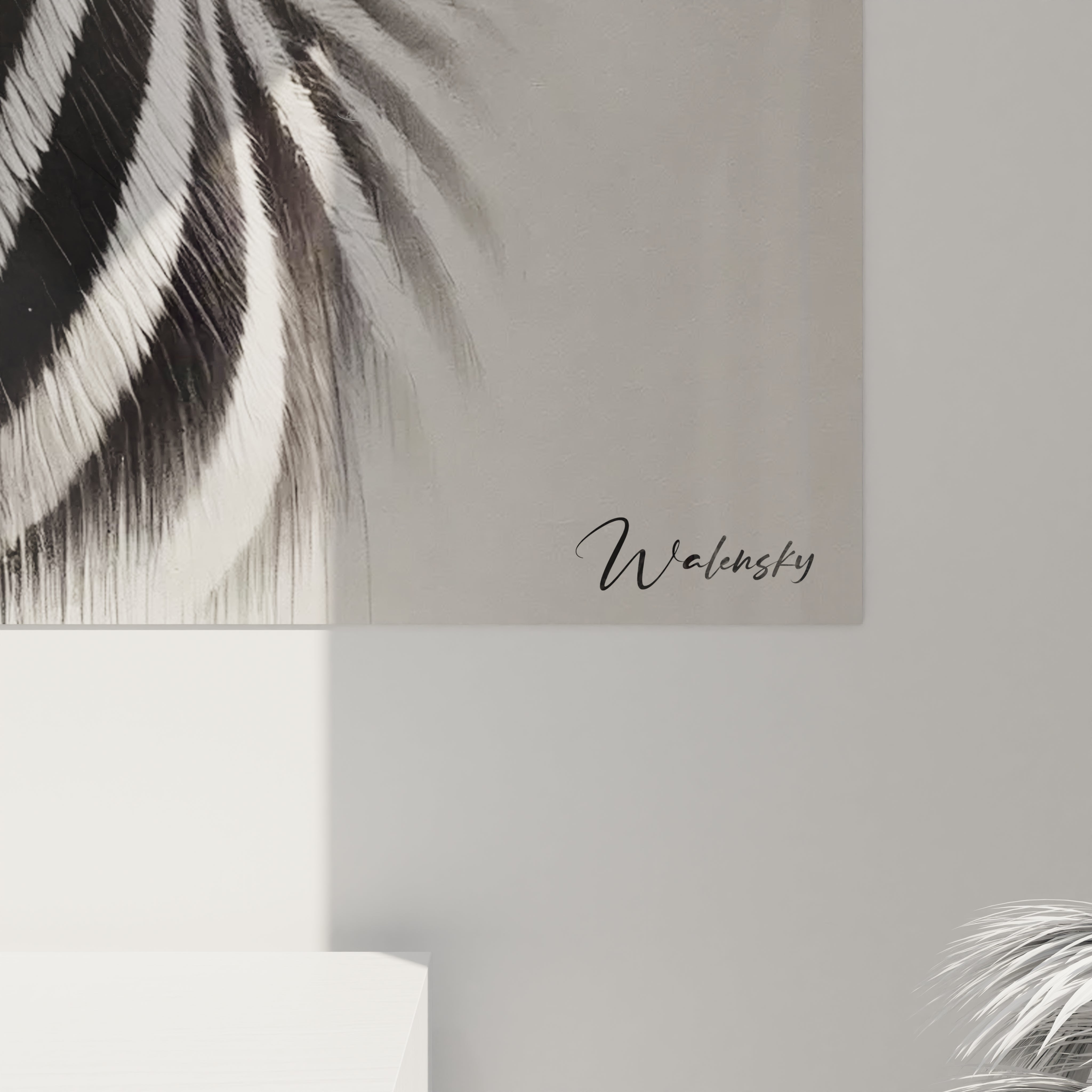 Vue de pres, ce tableau zebre dévoile ses details minutieux et l’intensité de son regard. L’effet de profondeur et de texture du pelage rayé capture l’essence sauvage dans une interpretation minimaliste et realiste.