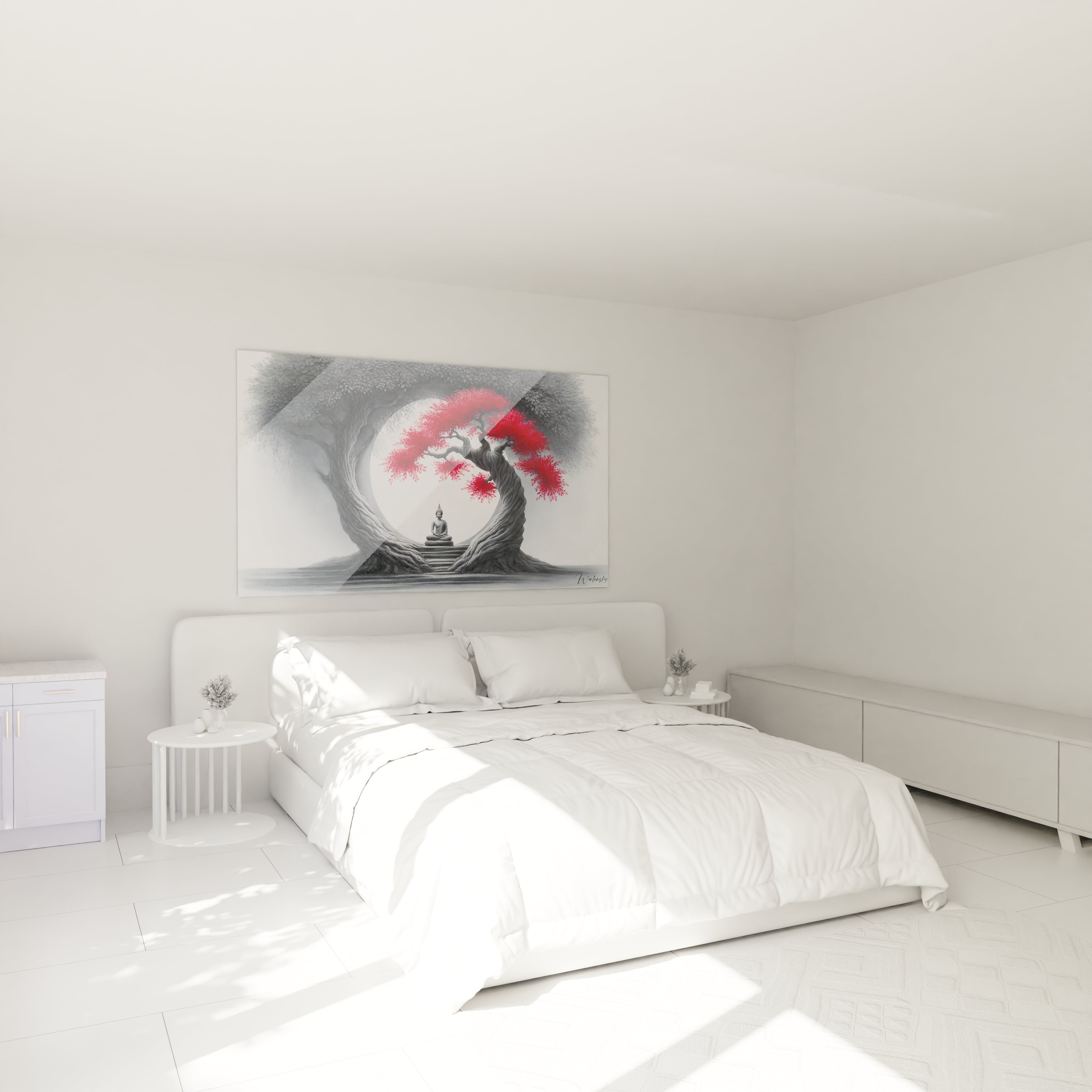 Sublimez votre chambre avec ce tableau zen au-dessus du lit. Une œuvre qui instaure calme et sérénité, idéale pour un espace propice au repos et à la méditation.