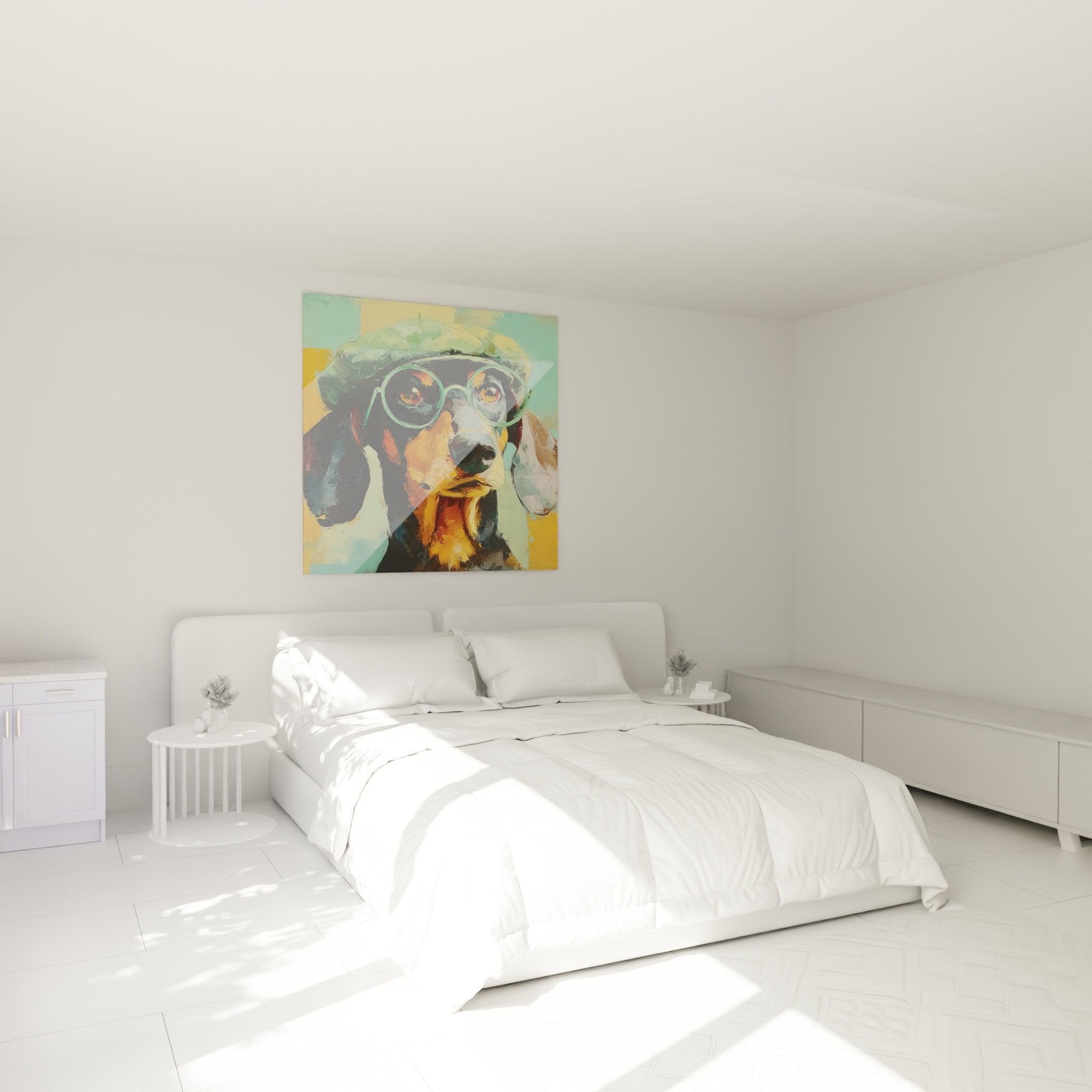 Künstlerisches Porträt eines intellektuellen Dackels mit Barett in buntem modernem Schlafzimmer