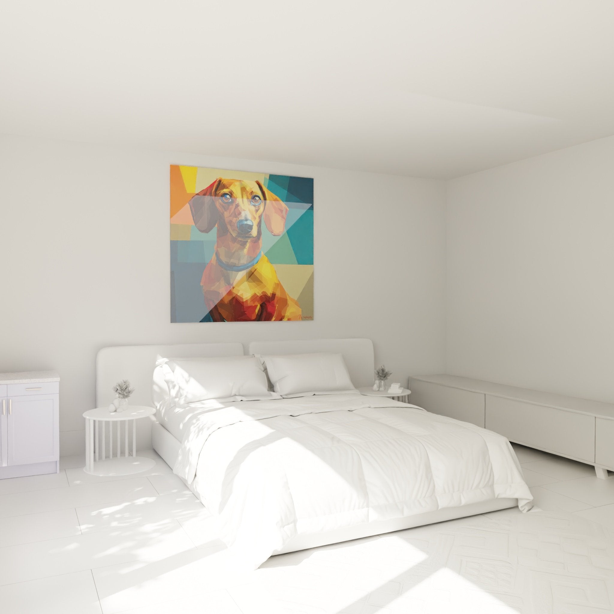 Geometrisches Dackel-Gemälde in Orange und Blau, aufgehängt in einem zeitgenössischen Schlafzimmer mit weißen Wänden