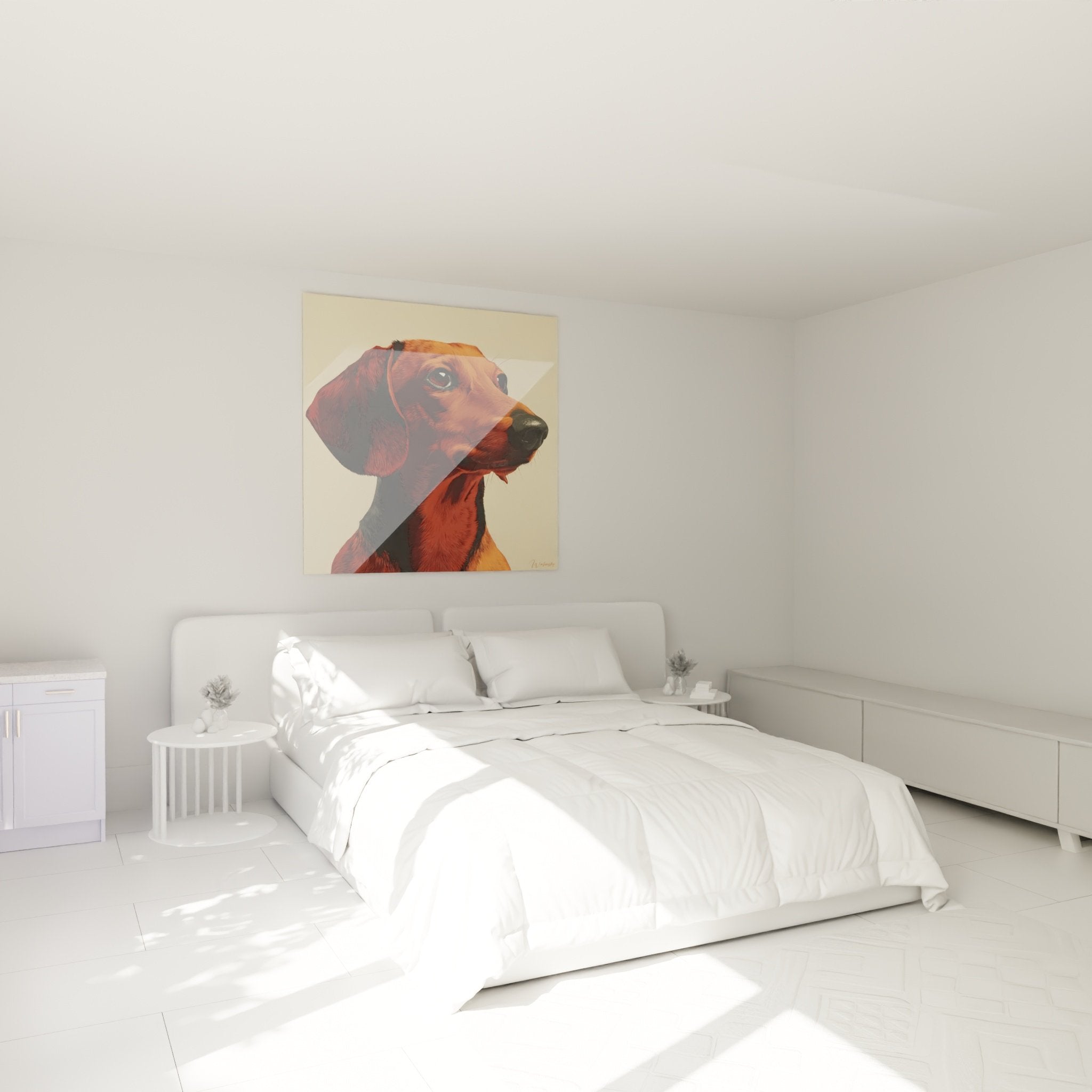 Tableau teckel roux accroché au mur d'une chambre aux tons neutres, ambiance chaleureuse