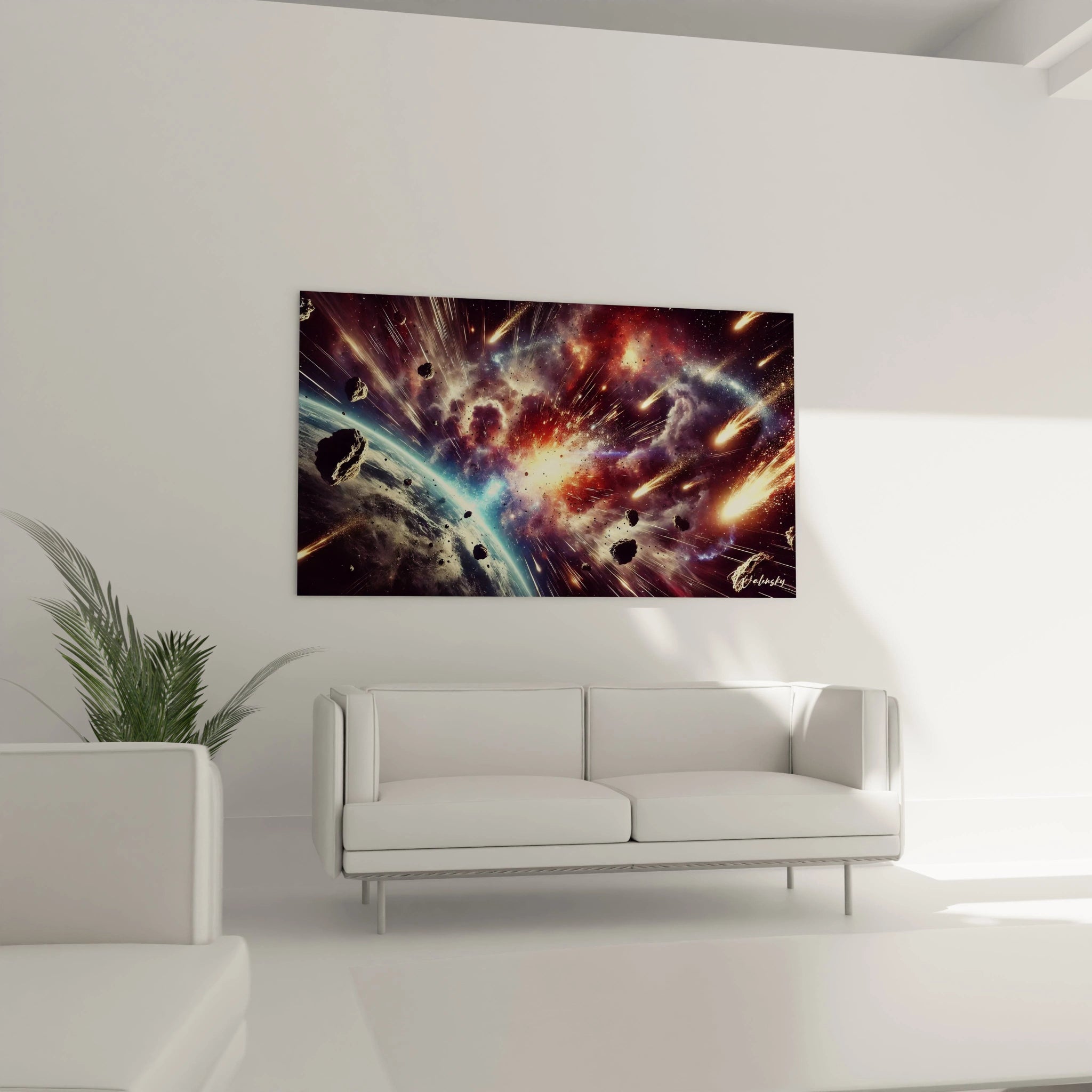 Ce tableau espace dynamise le salon grace a ses couleurs chaudes et son energie cosmique qui captivent le regard