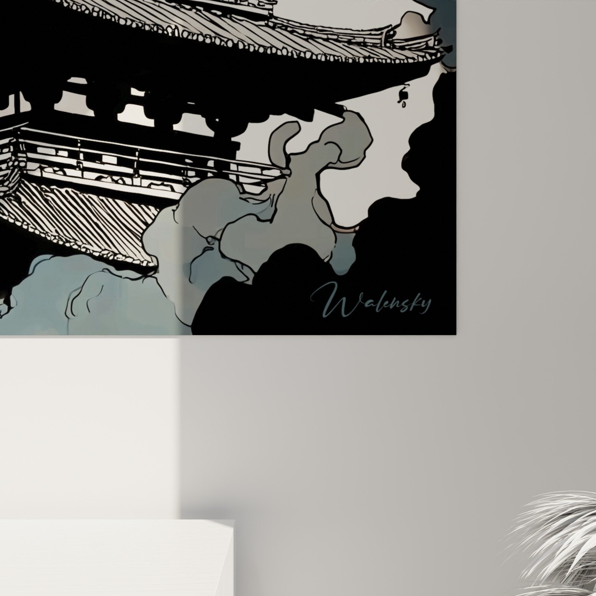 Temple asiatique cinq niveaux brume grise tableau mural décoration zen style traditionnel