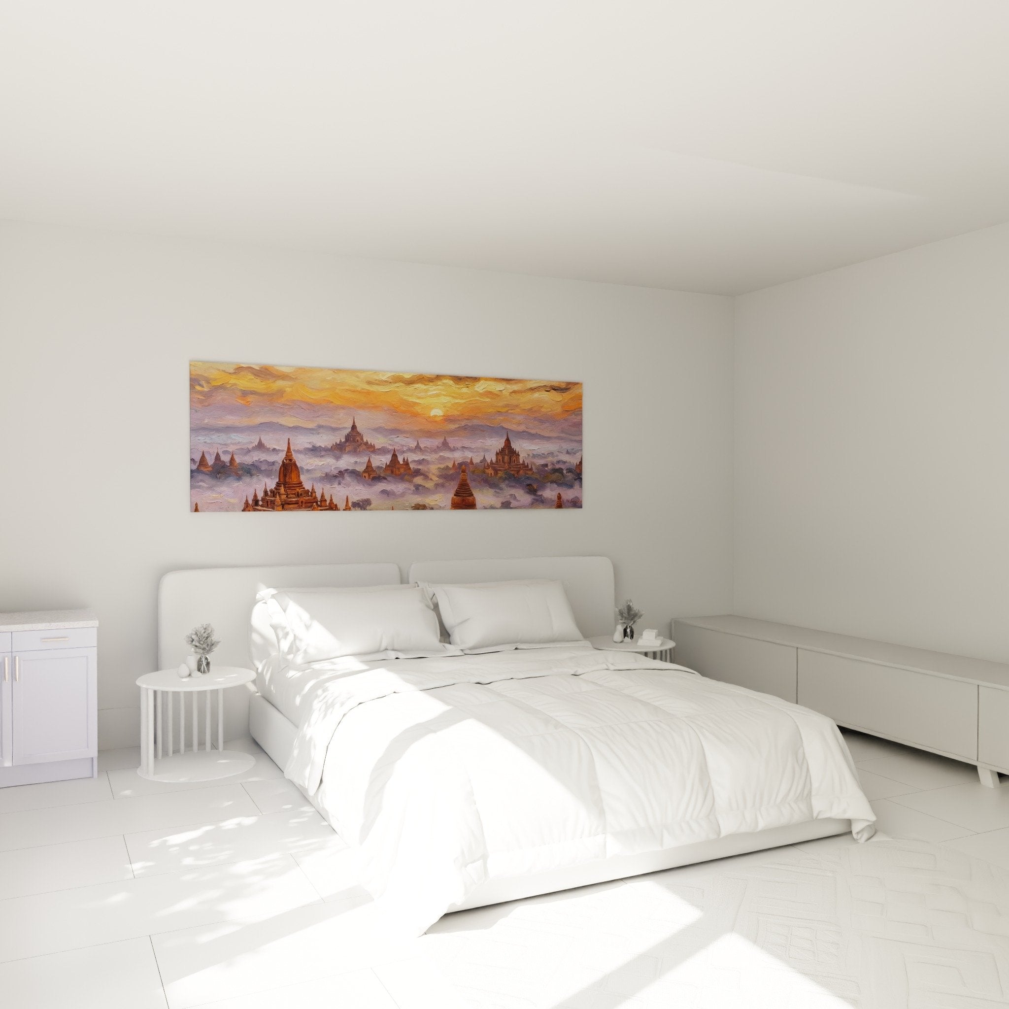 Tableau temple bouddhiste orange violet dans chambre moderne avec decoration zen et ambiance apaisante