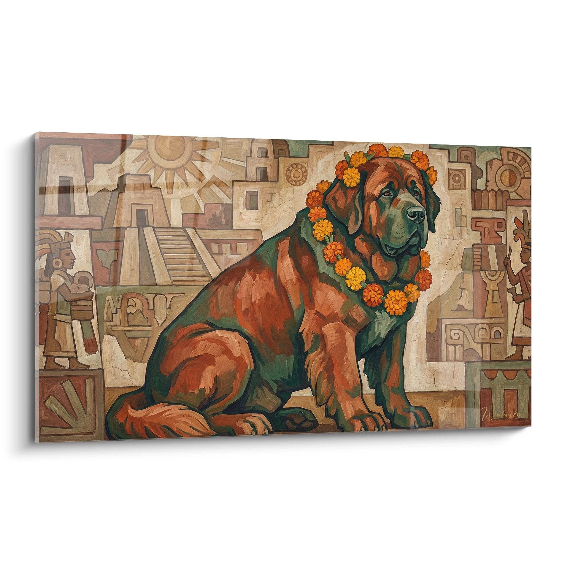 Tableau terre neuve roux couronne fleurs orange motifs maya geometriques fond beige art canin antique