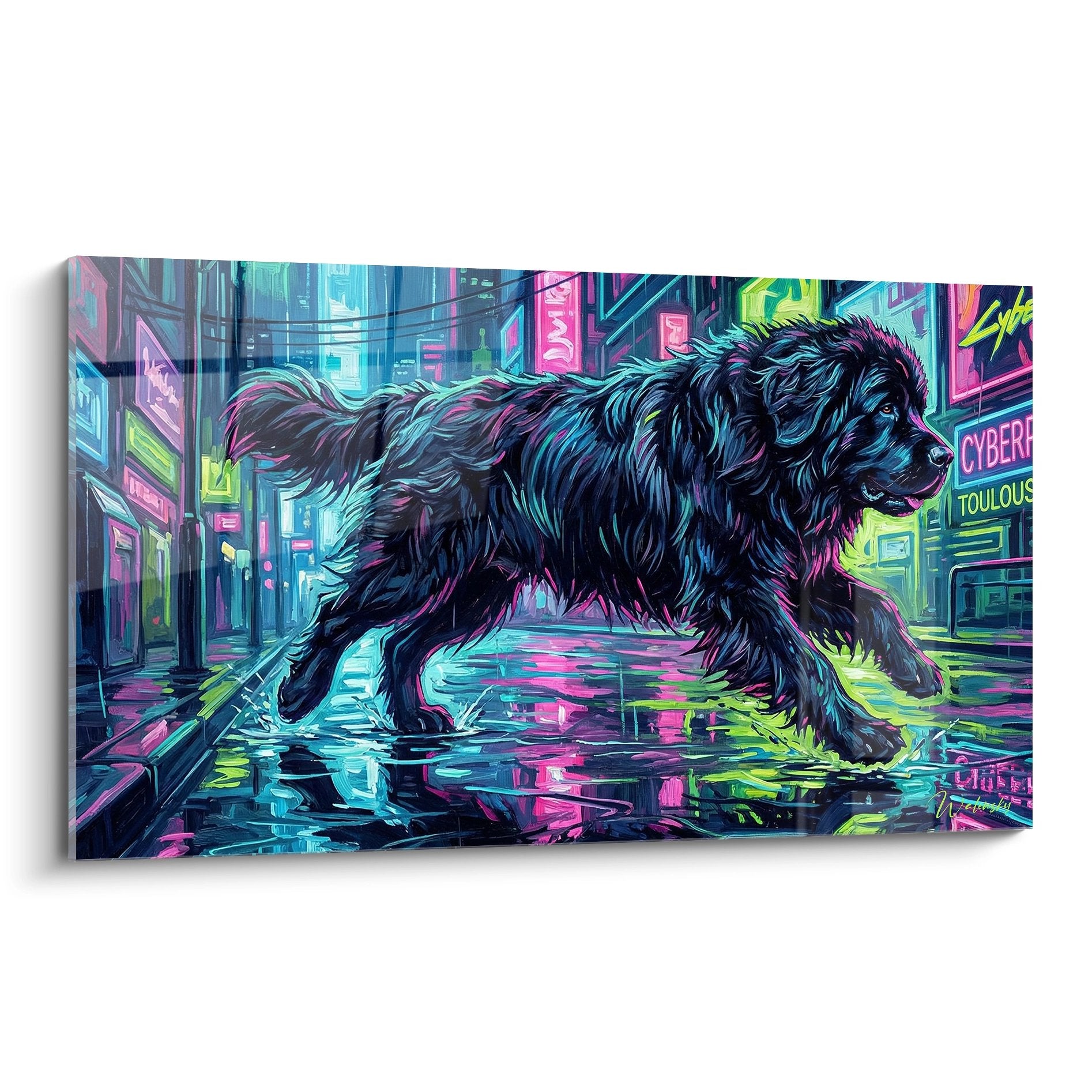 Terre Neuve noir aux reflets violets marchant dans rue cyberpunk avec neons roses et bleus