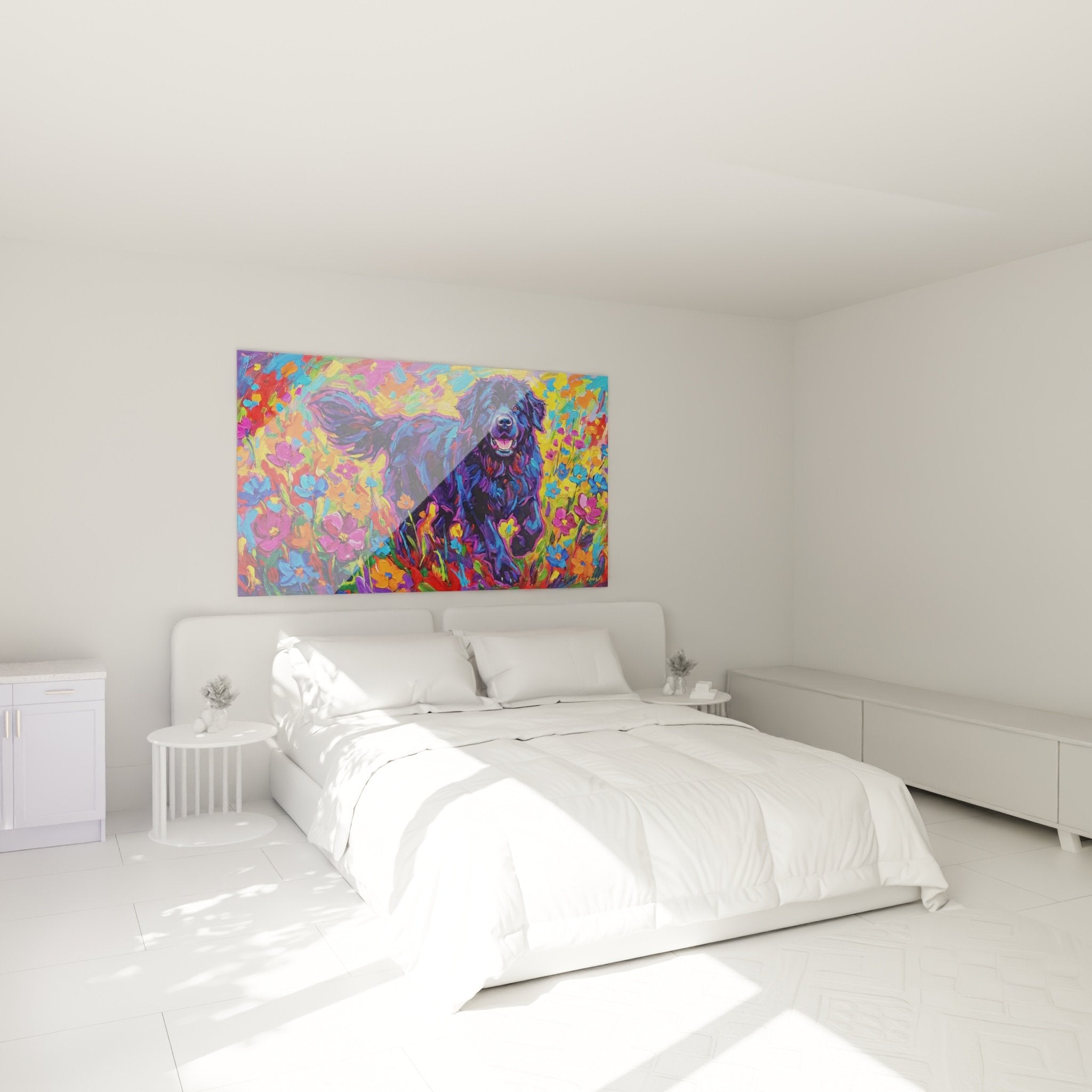 Blütenreiches Neufundland-Gemälde in einem modernen Schlafzimmer mit weißen Wänden und zeitgenössischen Möbeln