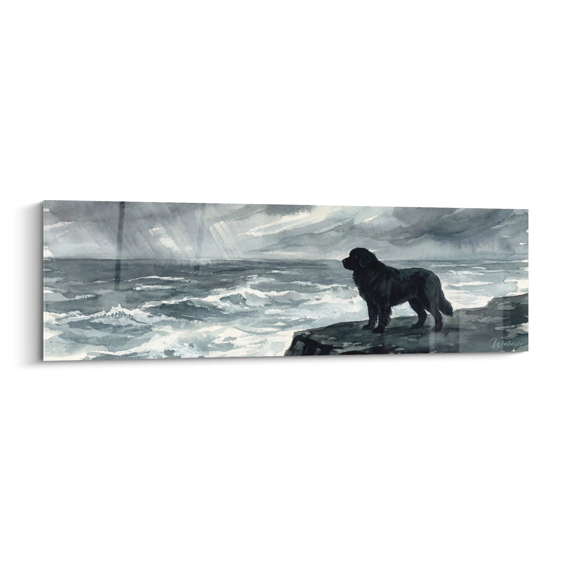 Terre Neuve noir contemplant océan déchaîné depuis rochers, peinture marine gris blanc dramatique