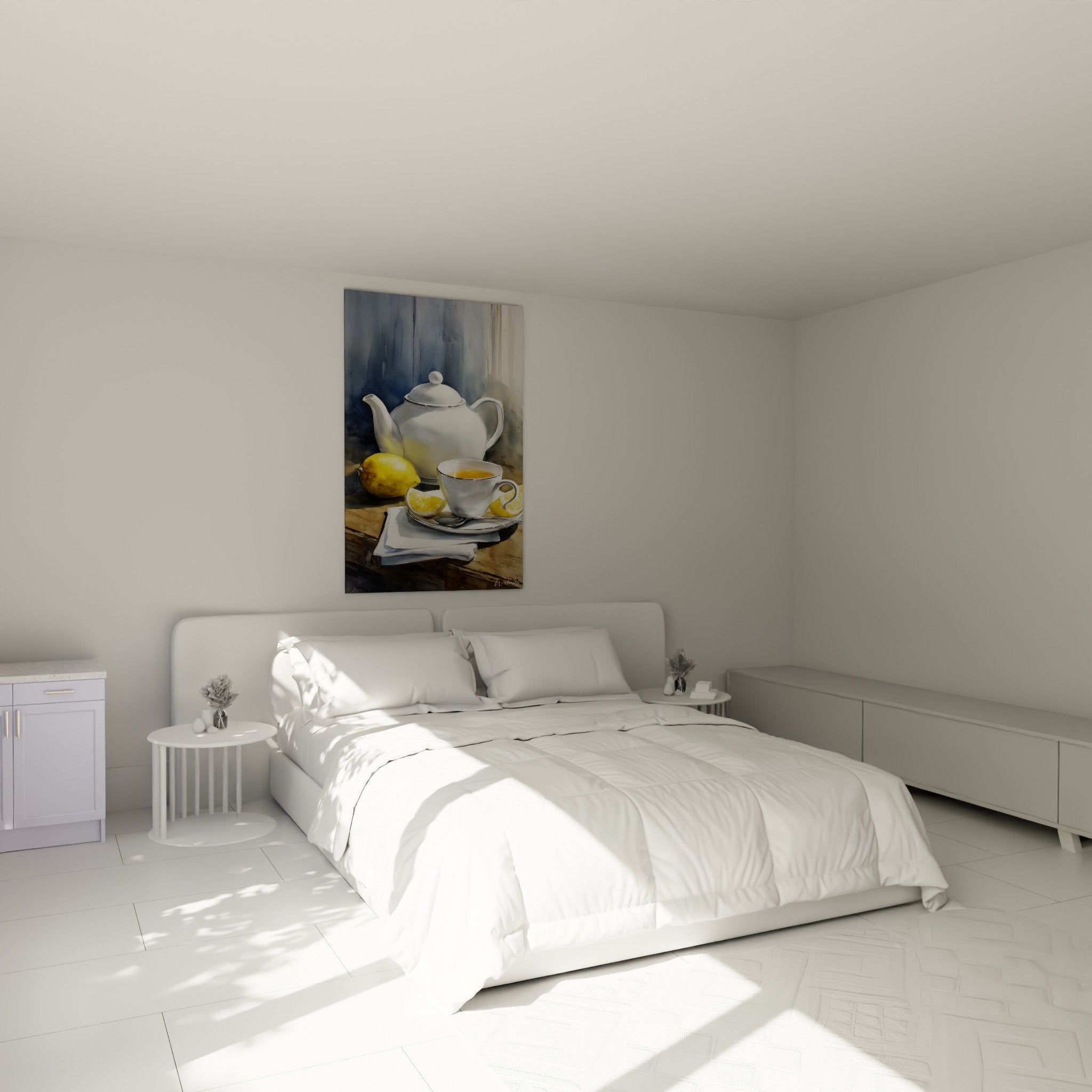 White Japanese teapot golden lemons wall art bedroom zen style Scandinavian watercolor
