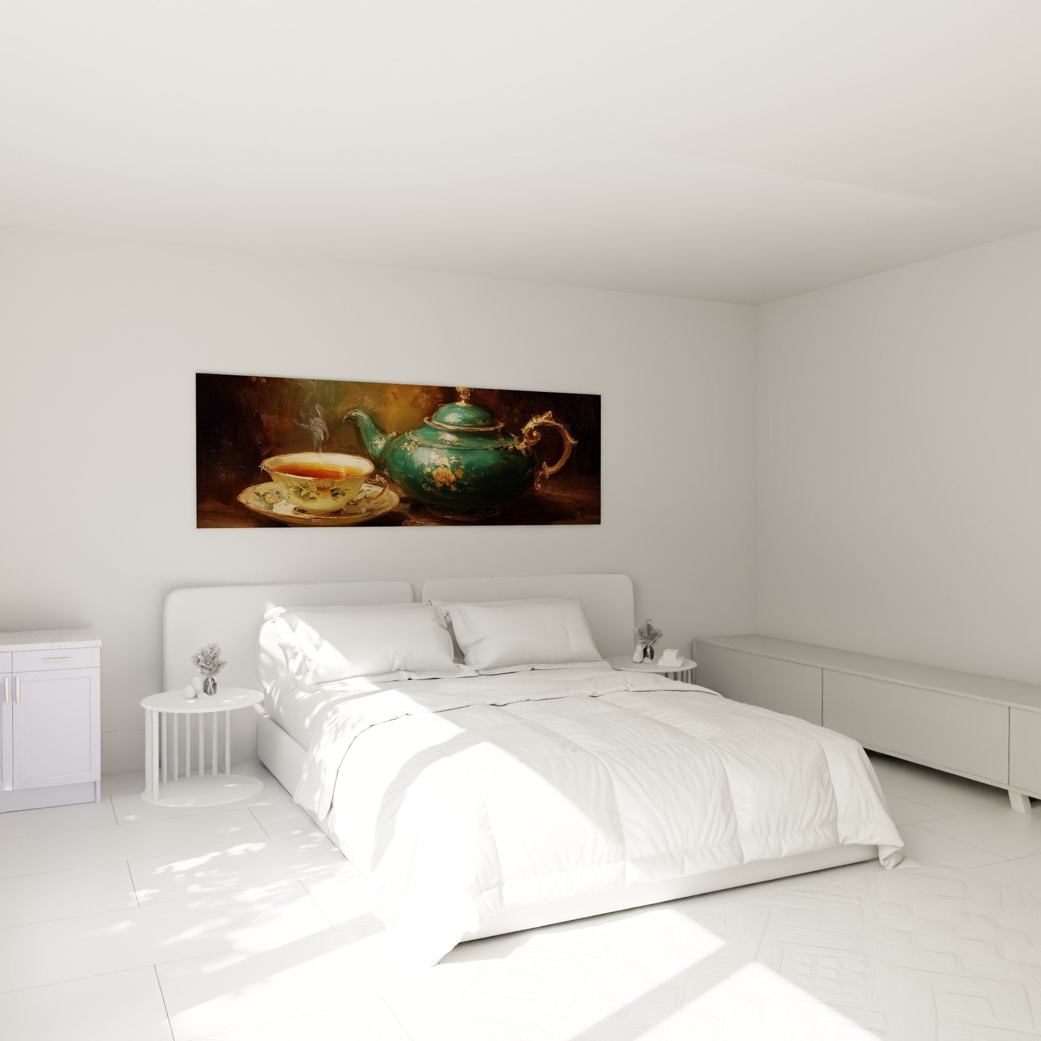 Grünes japanisches Teekannenbild und blumige Tasse, das ein Schlafzimmer mit beruhigenden neutralen Tönen elegant dekoriert