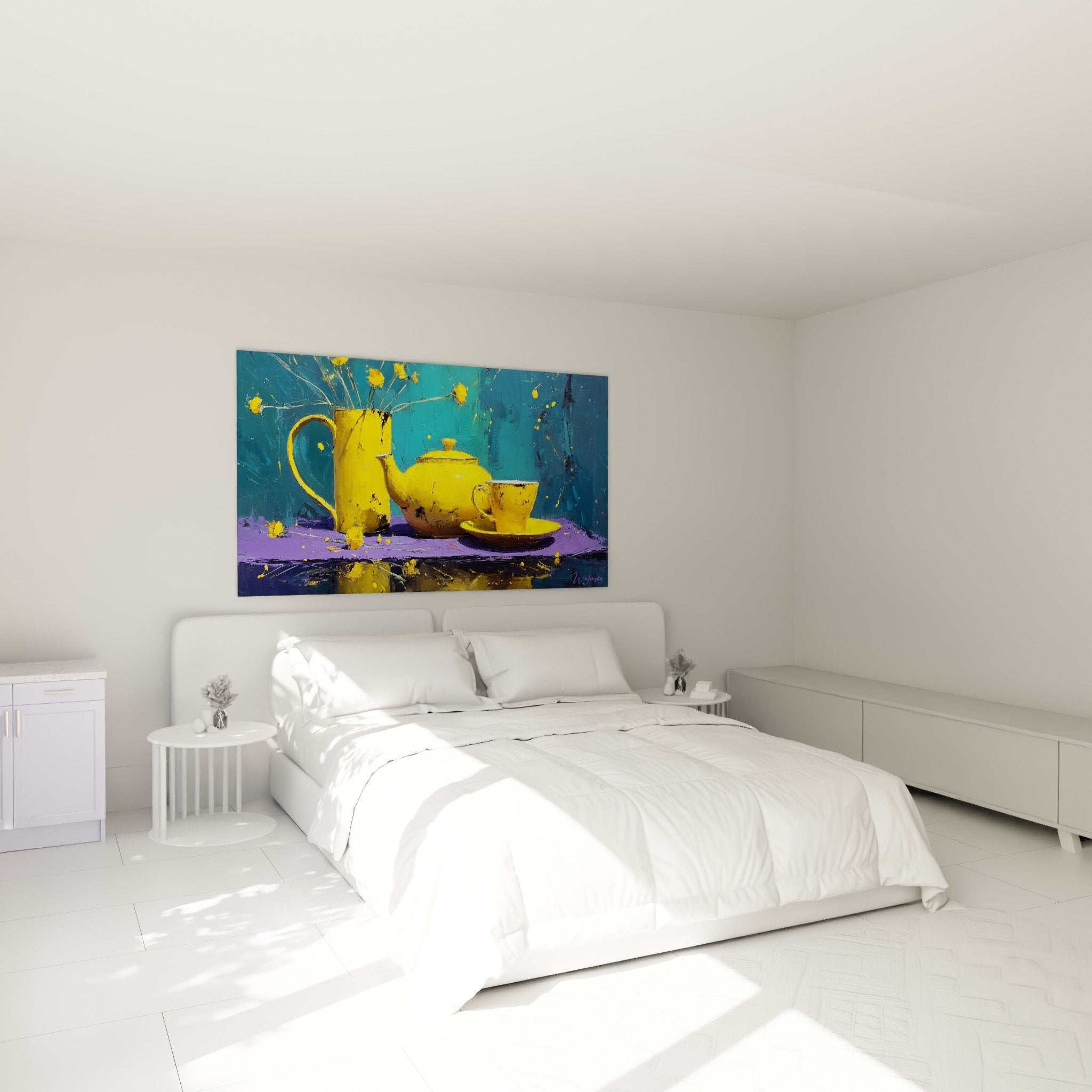 yellow japanese teapot wall art modern bedroom expressionist painting contemporary
