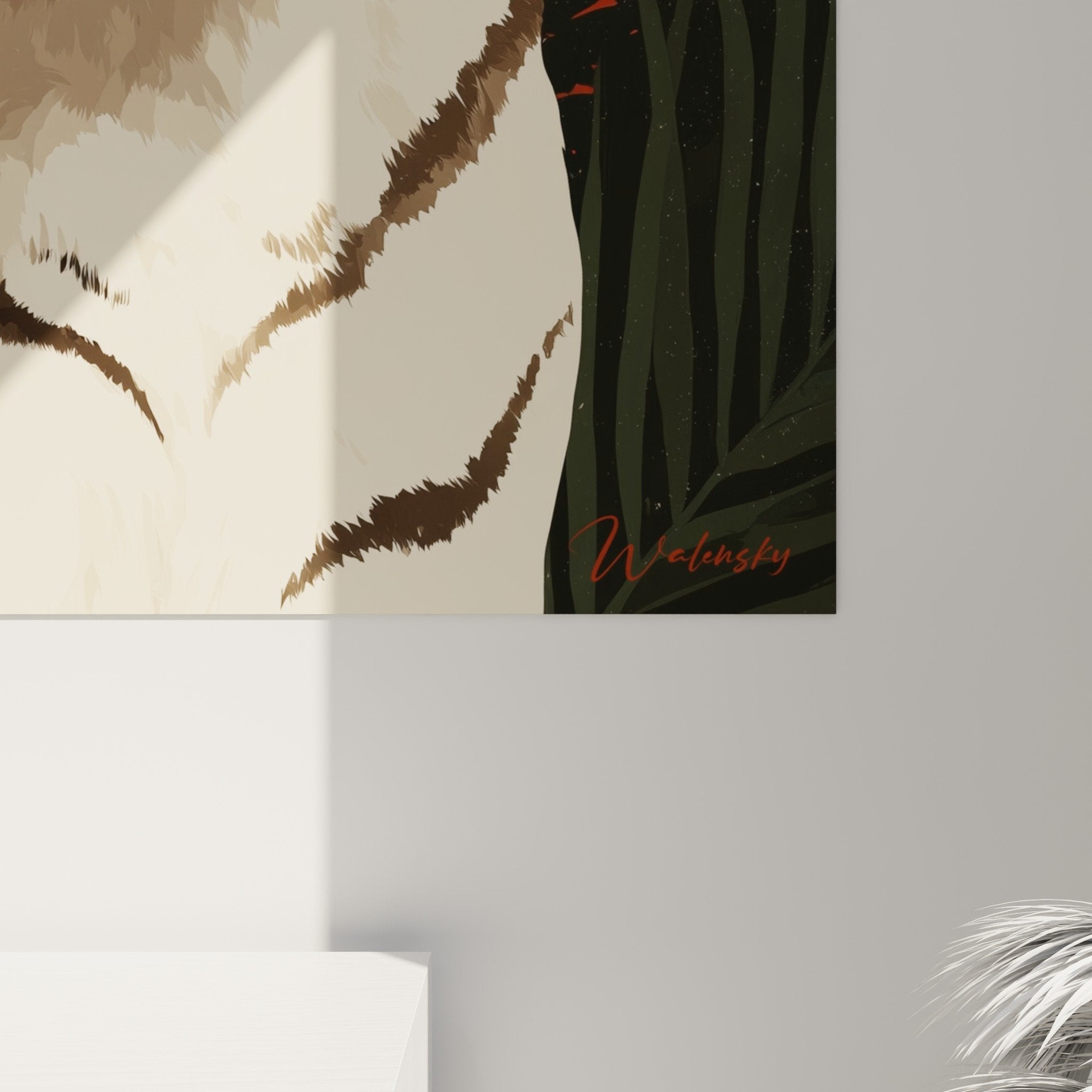 Vue d'ensemble tableau tigre blanc coucher de soleil dans salon contemporain avec canapé et décoration assortie