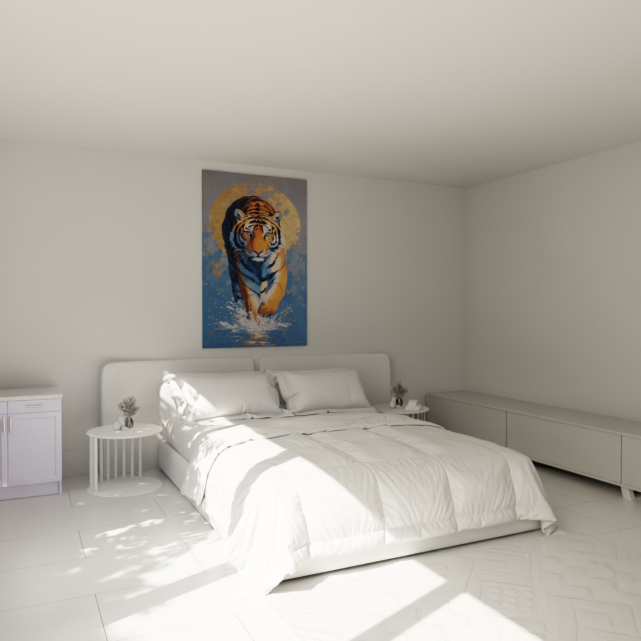 Tableau tigre halo dore dans chambre moderne mur gris decoration murale art animalier contemporain