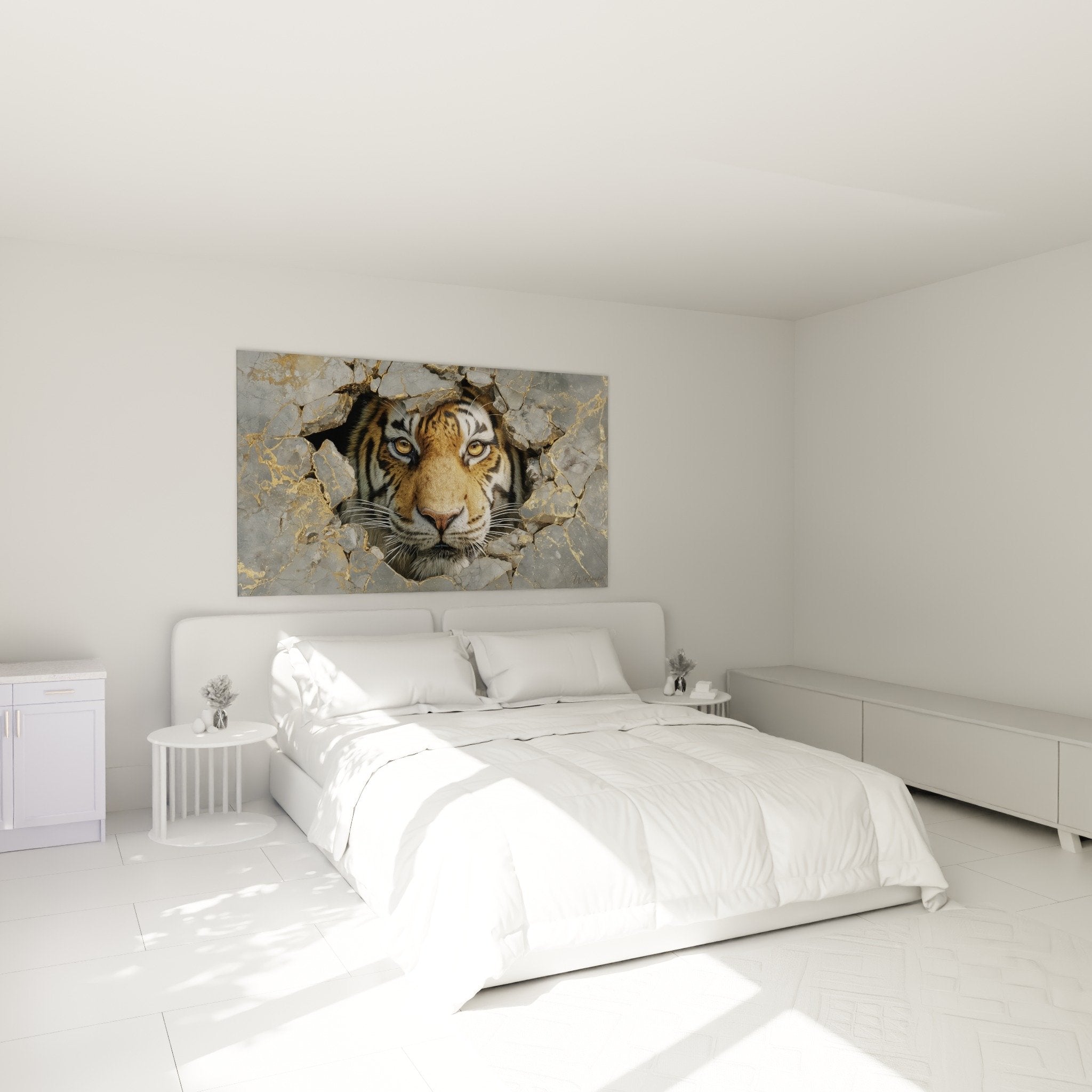 Tableau tigre mur marbre dore dans chambre moderne decoration murale felin art contemporain