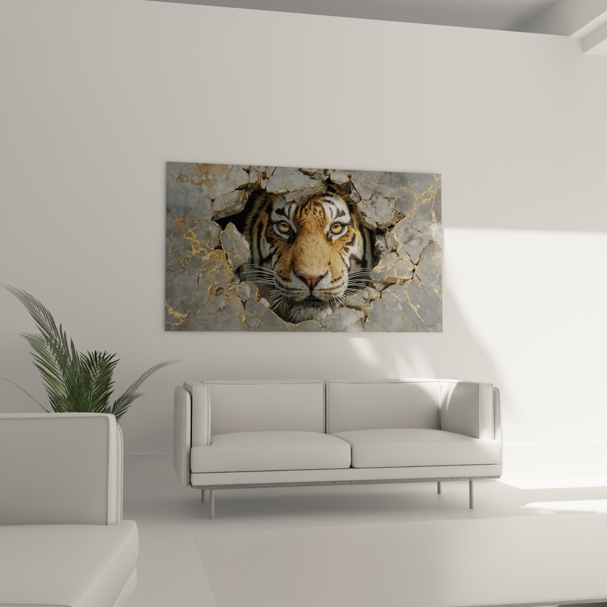 Gros plan tableau tigre yeux ambre pelage fauve marbre gris veines dorees detail artistique