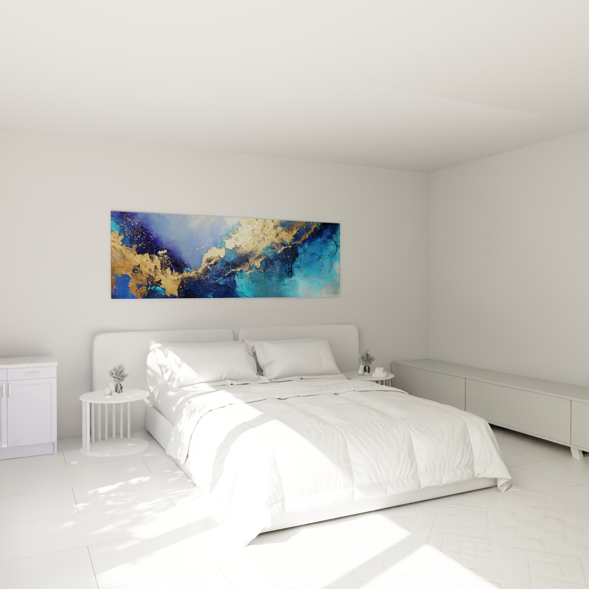 Blue and gold abstract canvas above a modern bed in contemporary bedroom with zen atmosphere