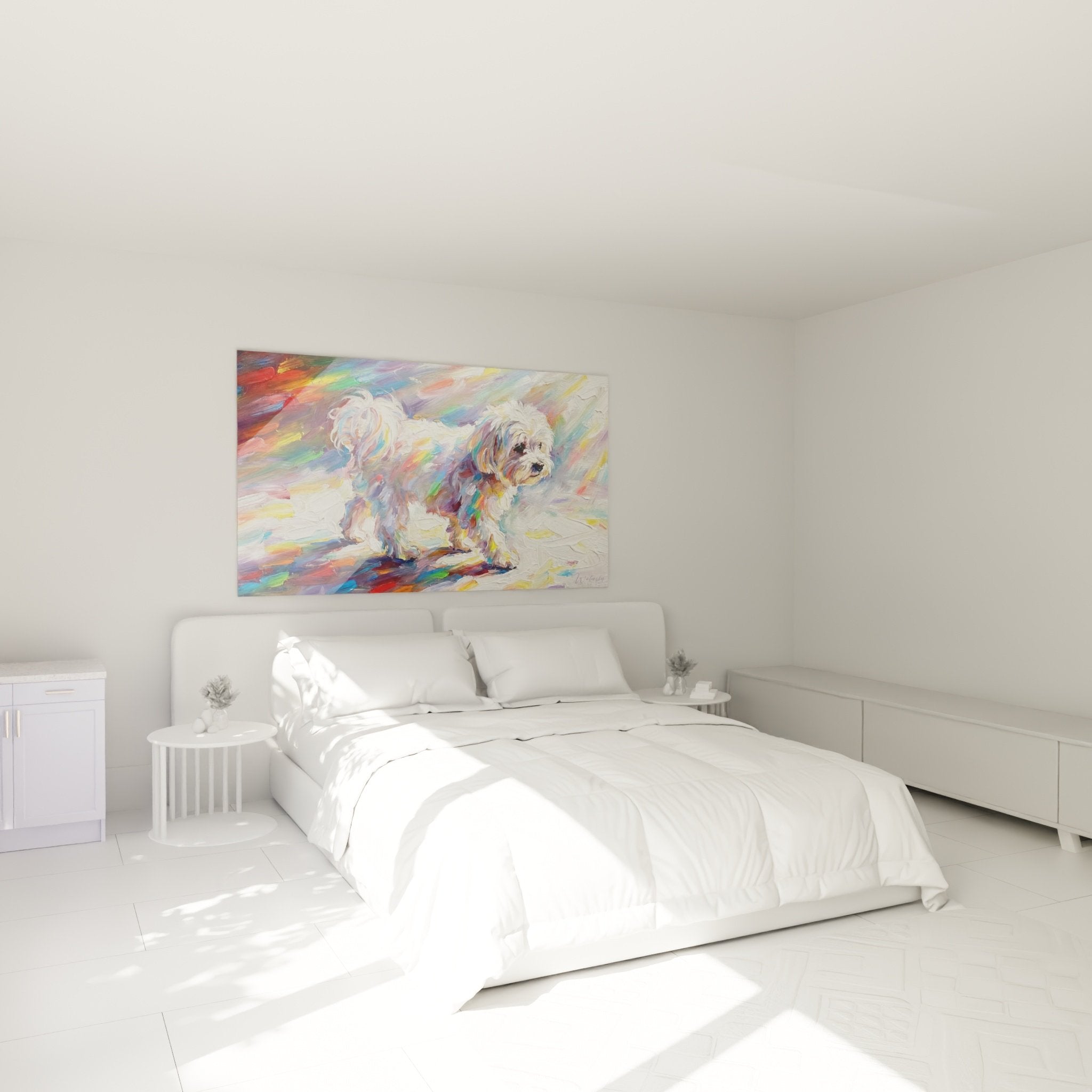 Farbiges Malteser-Leinwandbild an Schlafzimmerwand aufgehängt, moderne Hundekunst Wanddekoration