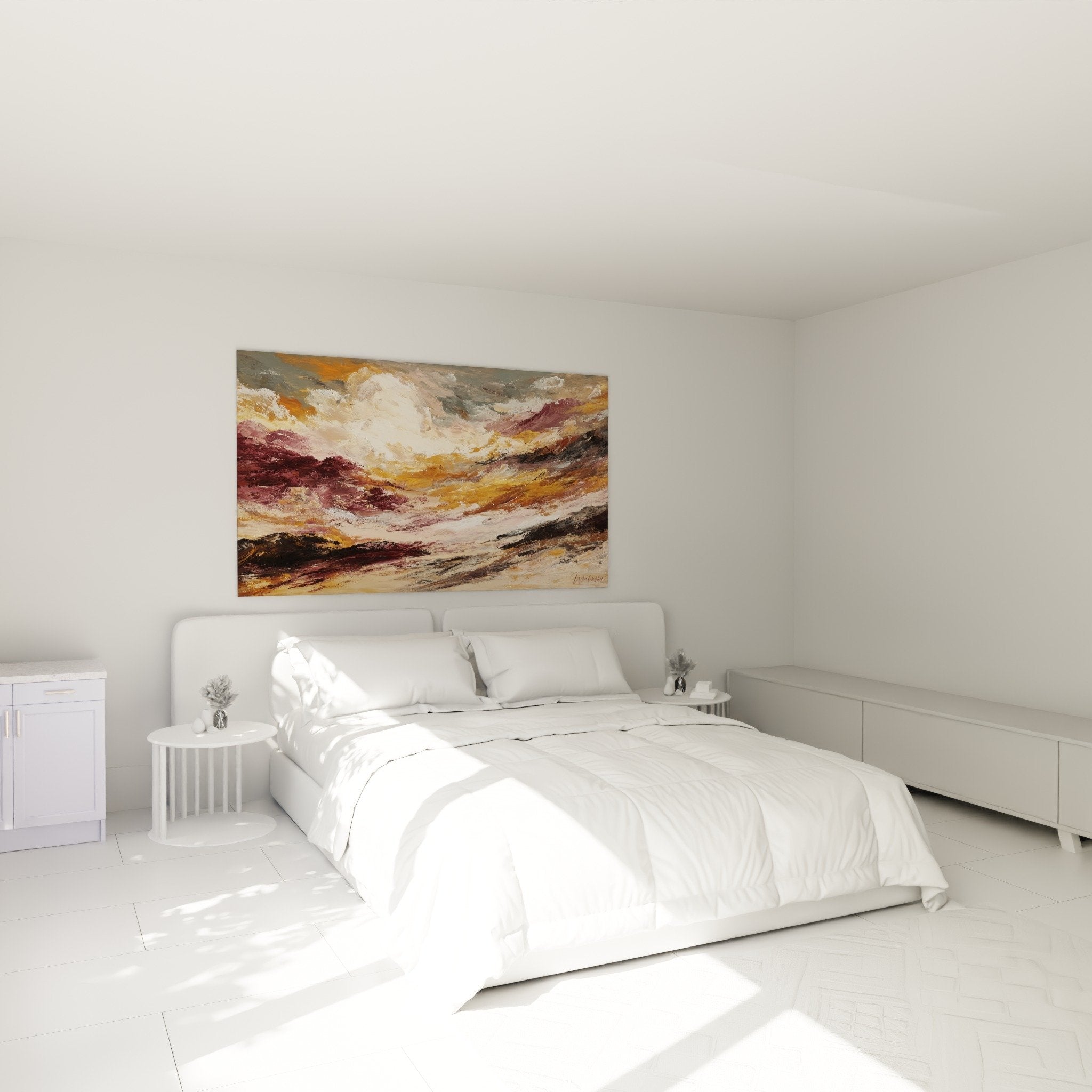 Abstract canvas earth tones ochre burgundy in contemporary bedroom warm ambiance feng shui
