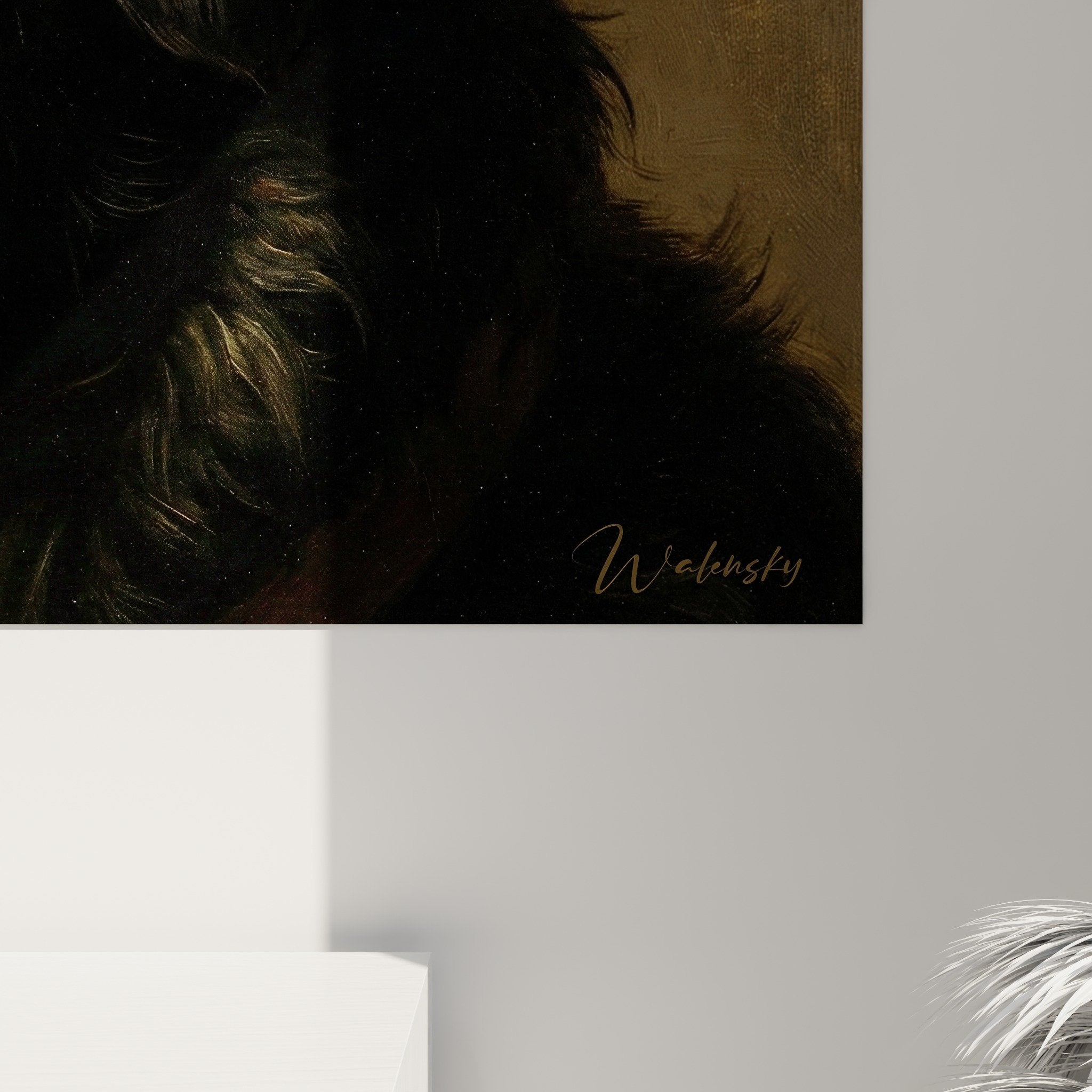 Vue d'ensemble toile portrait canin bouvier flandres salon contemporain ambiance cosy naturelle