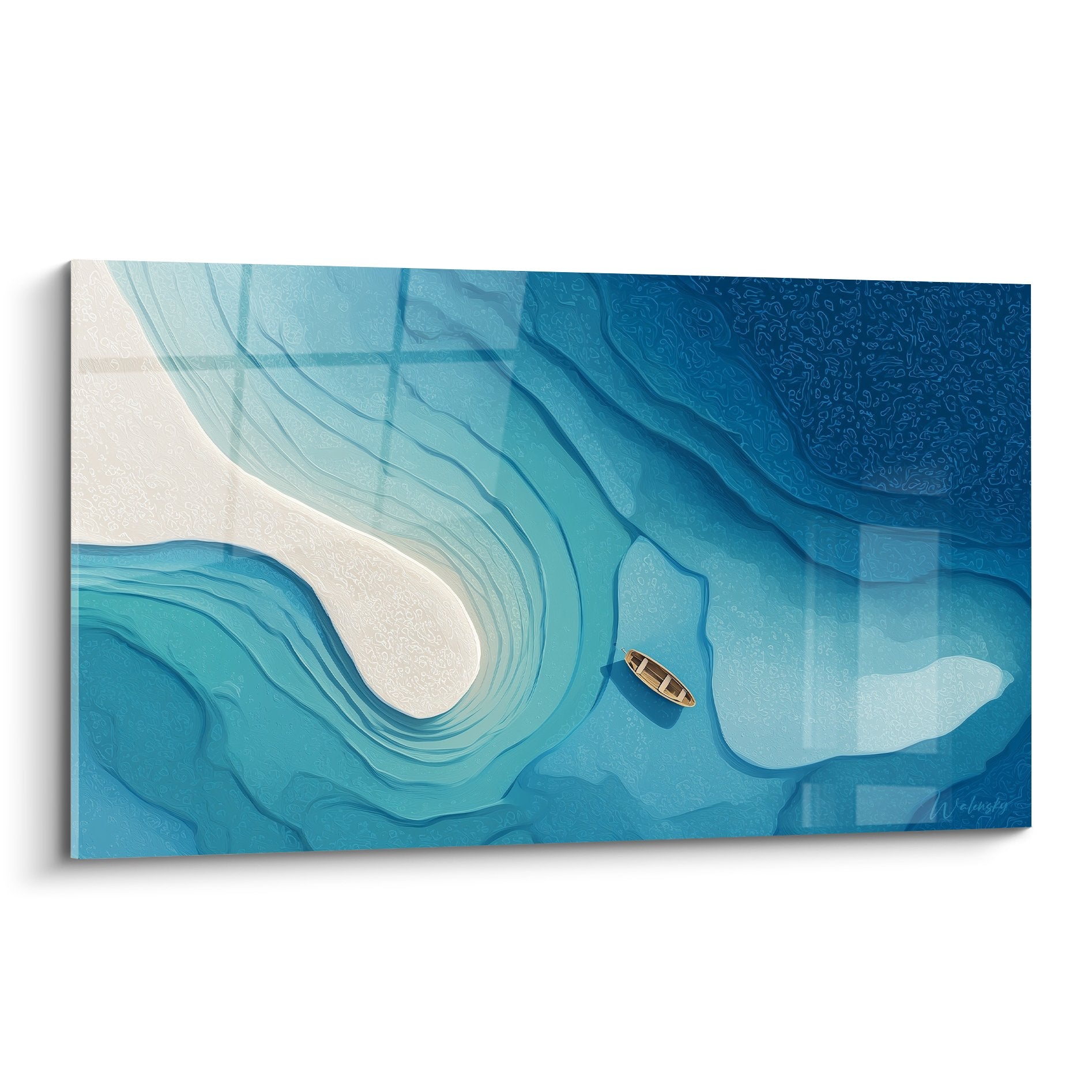 Blue turquoise ocean topography wall art with wooden boat feng shui north water element