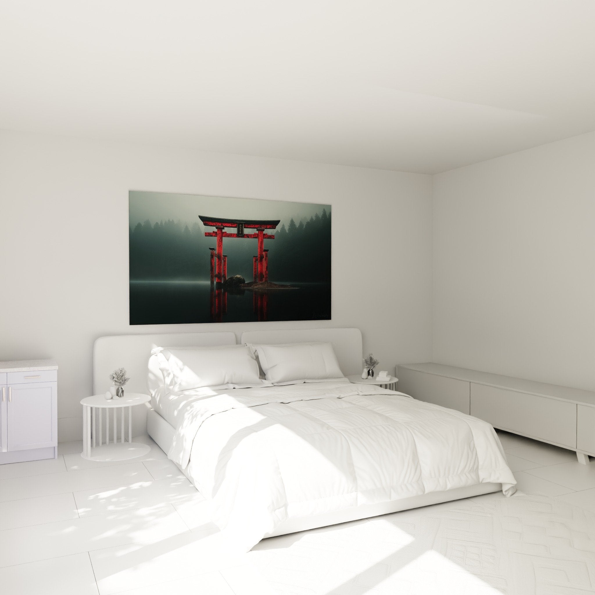 Torii rouge brumeux au-dessus du lac, tableau japonais zen dans chambre moderne aux tons apaisants