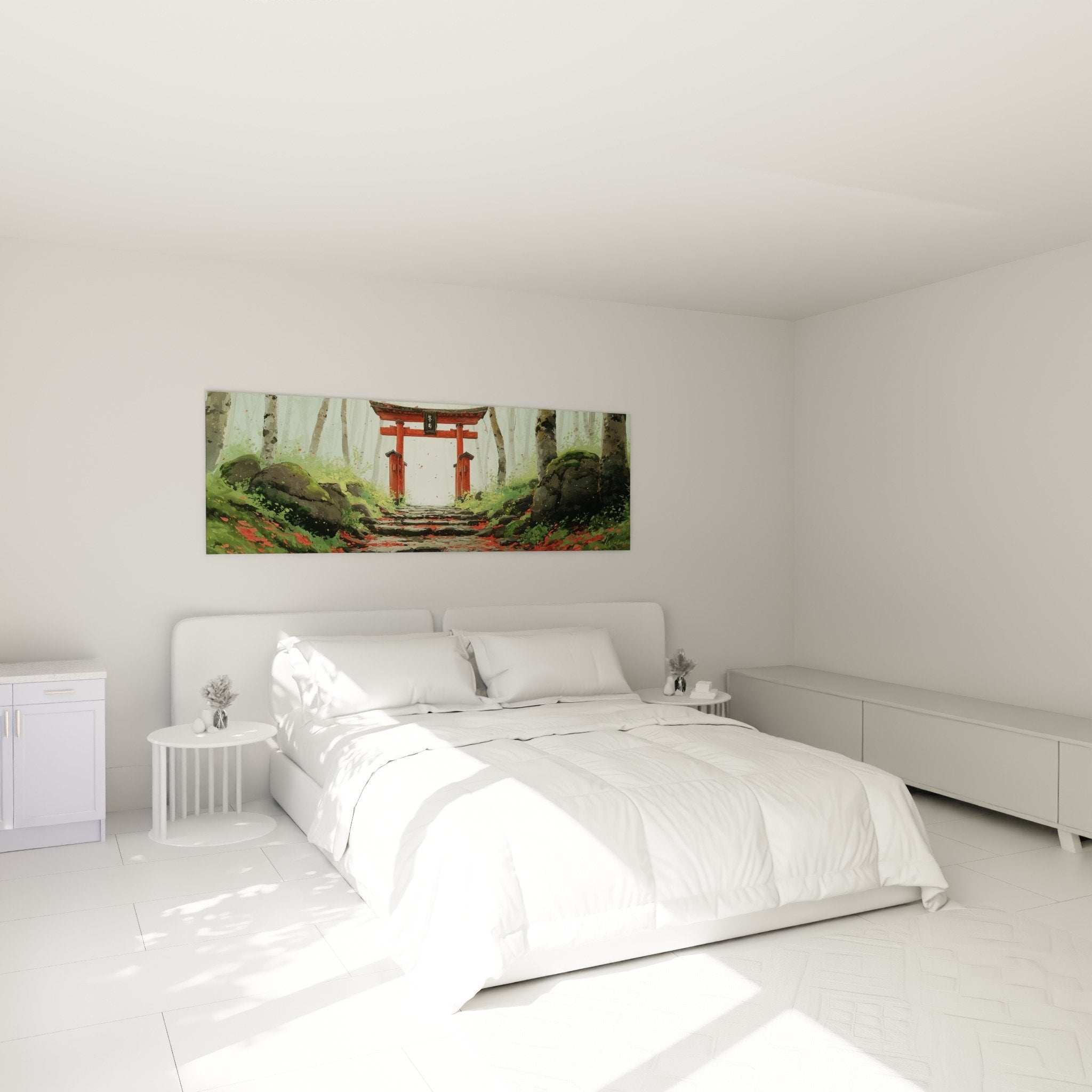 red and green forest torii gate wall art in modern bedroom zen spiritual calming wall decor