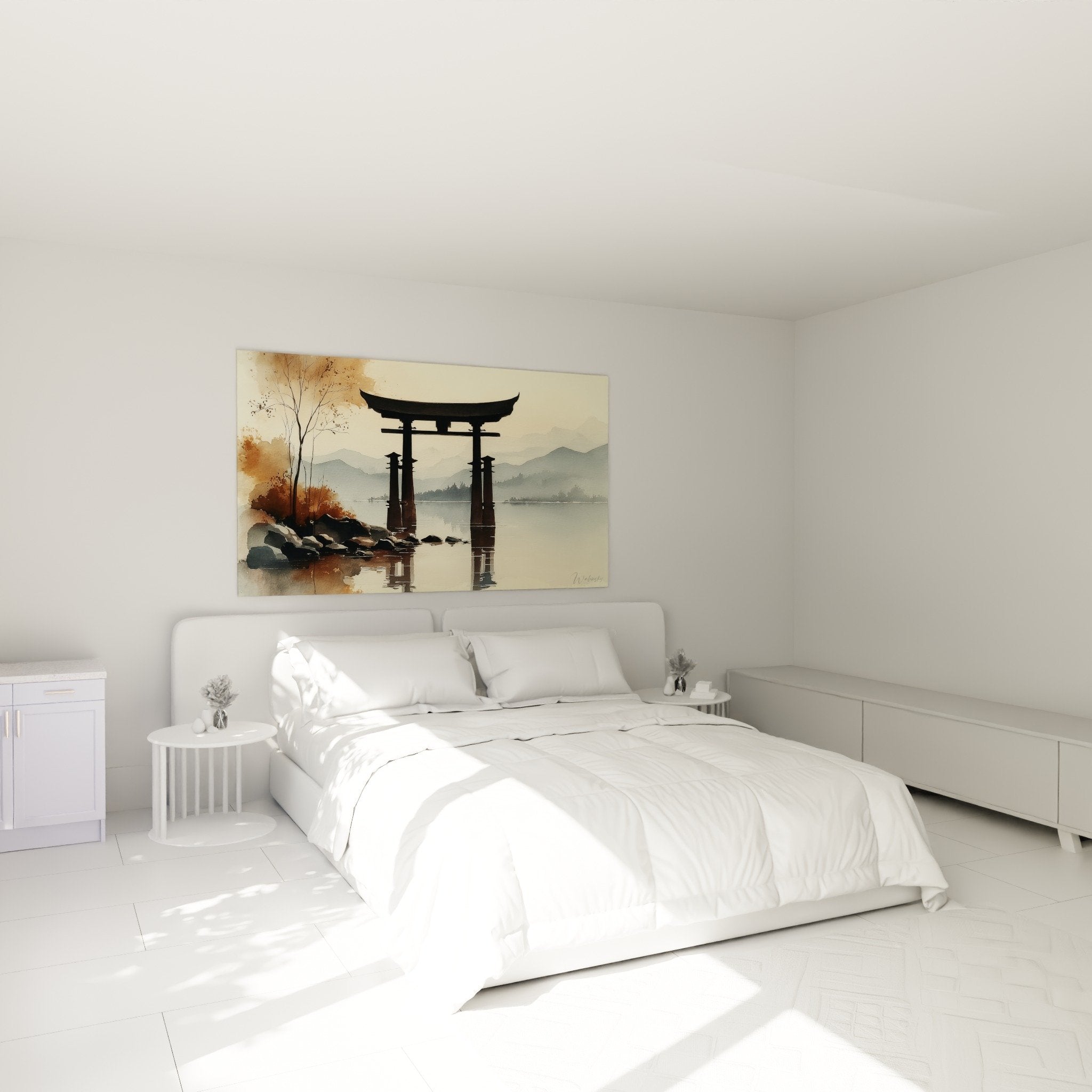 Misty torii gate neutral tones bedroom wall art zen Japanese calm atmosphere