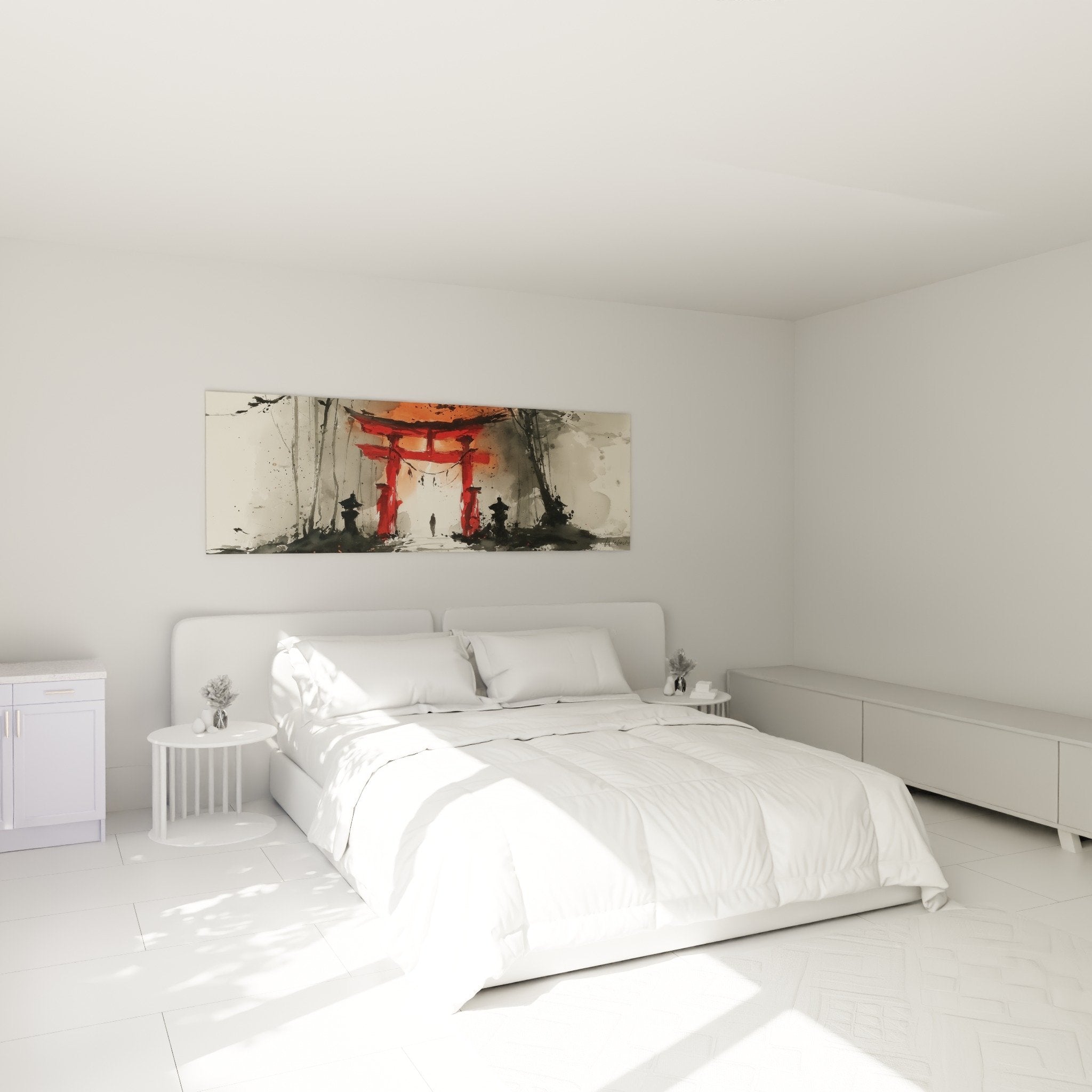 Red Japanese torii gate wall art in modern bedroom, zen watercolor decor, soothing and spiritual atmosphere