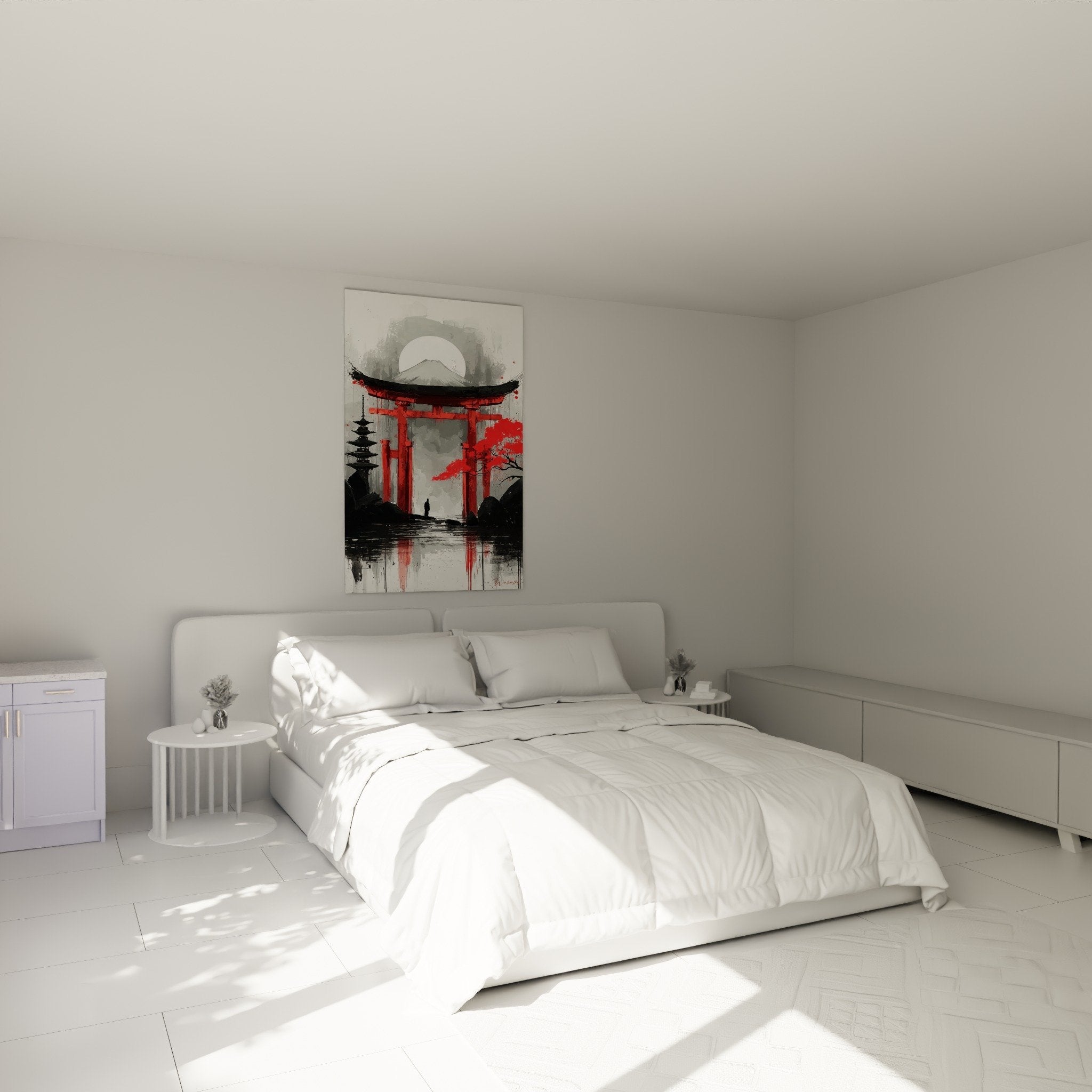 Tableau torii japonais rouge et gris dans chambre moderne, decoration zen apaisante