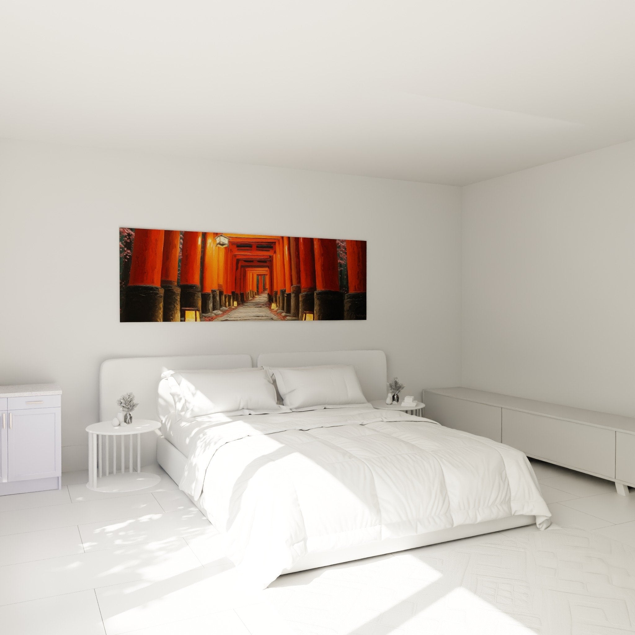 Tableau de portiques japonais oranges dans chambre moderne avec décoration zen épurée