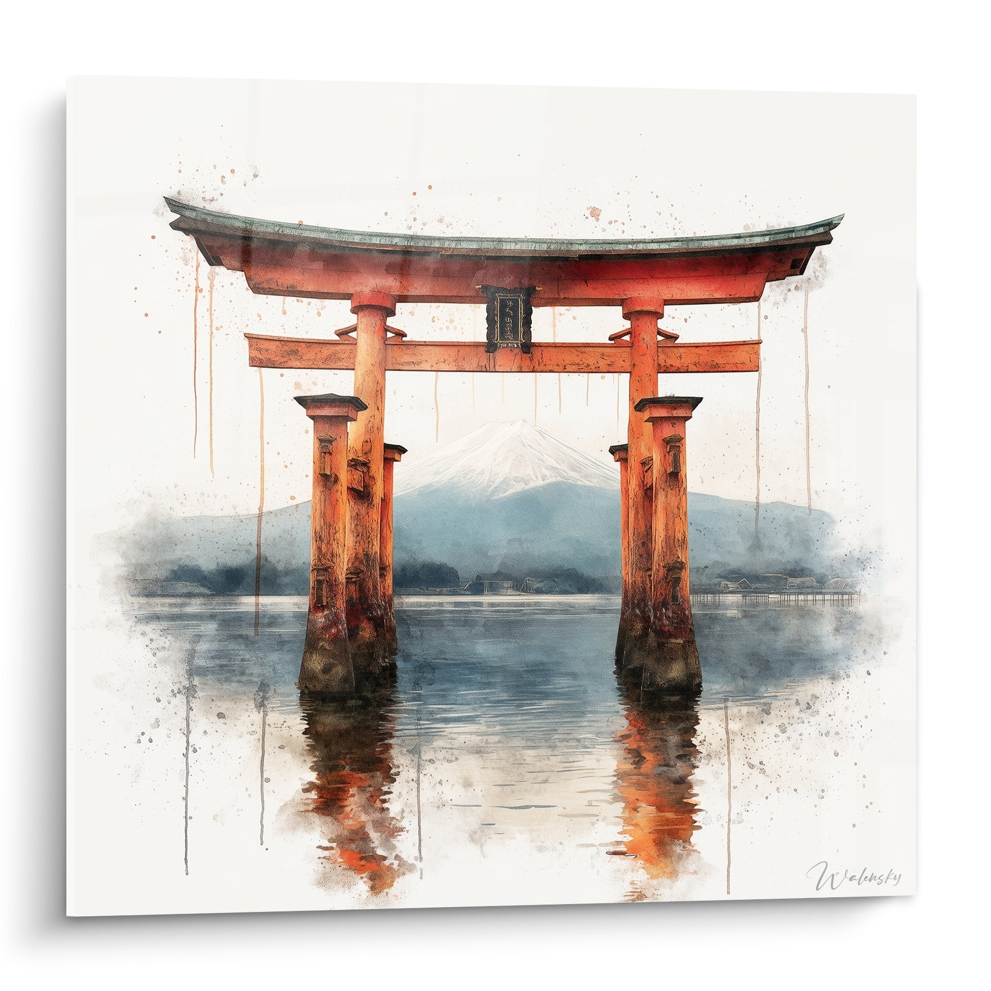 Tableau aquarelle torii rouge vermillon dans eau calme avec reflets et montagnes brumeuses arrière-plan style japonais zen