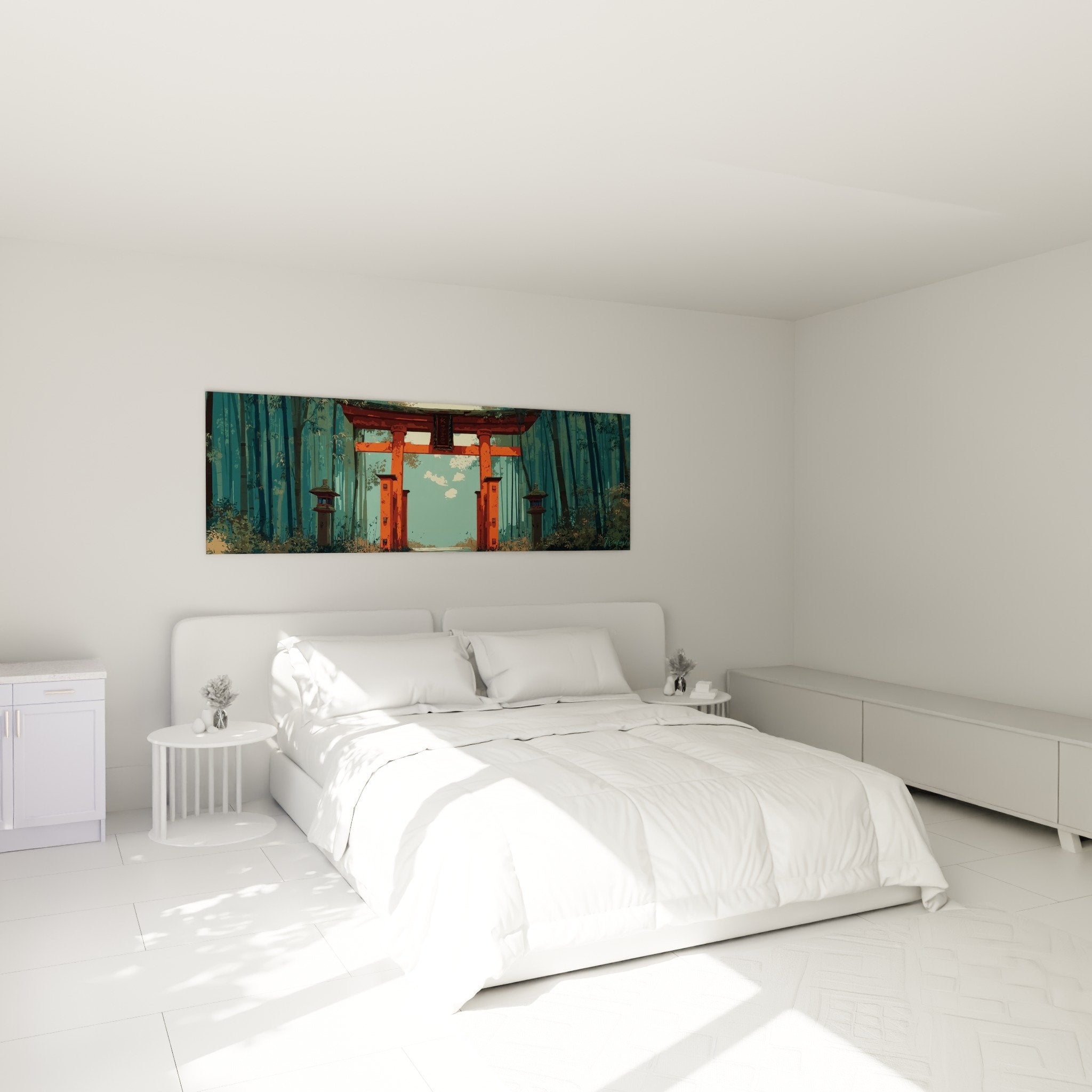 Tableau portique japonais rouge chambre decoration murale zen bambous verts apaisants