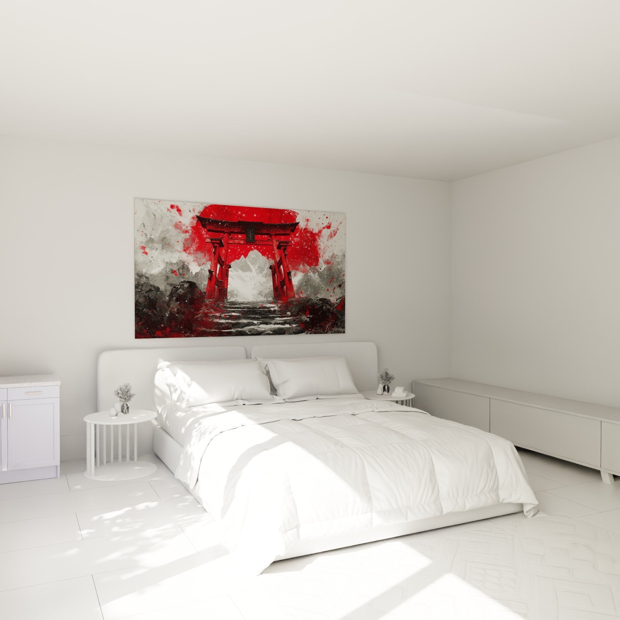Torii rouge artistique avec effets splash dans chambre moderne aux murs gris