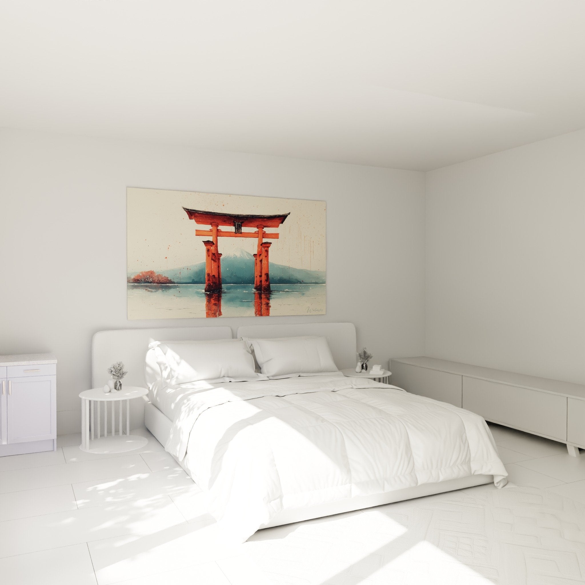 Japanisches rotes Torii-Gemälde in modernem Schlafzimmer mit weißen Wänden, asiatische Zen-Dekoration