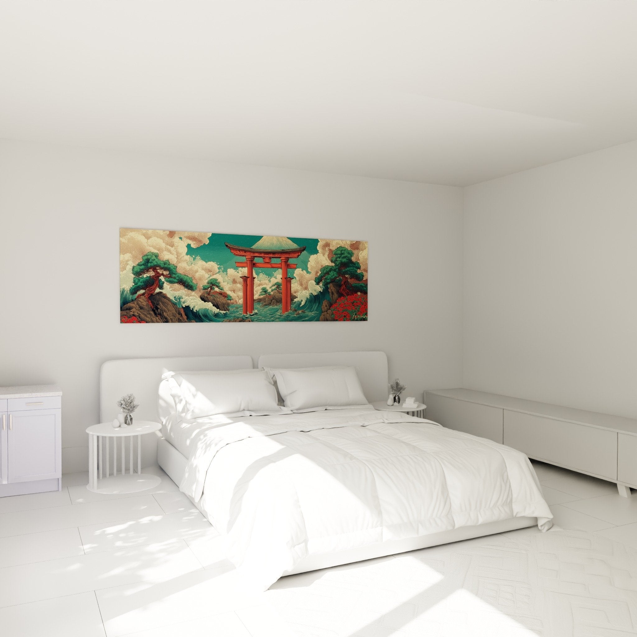 Tableau art japonais torii rouge vagues turquoise décorant chambre moderne murs blancs mobilier bois