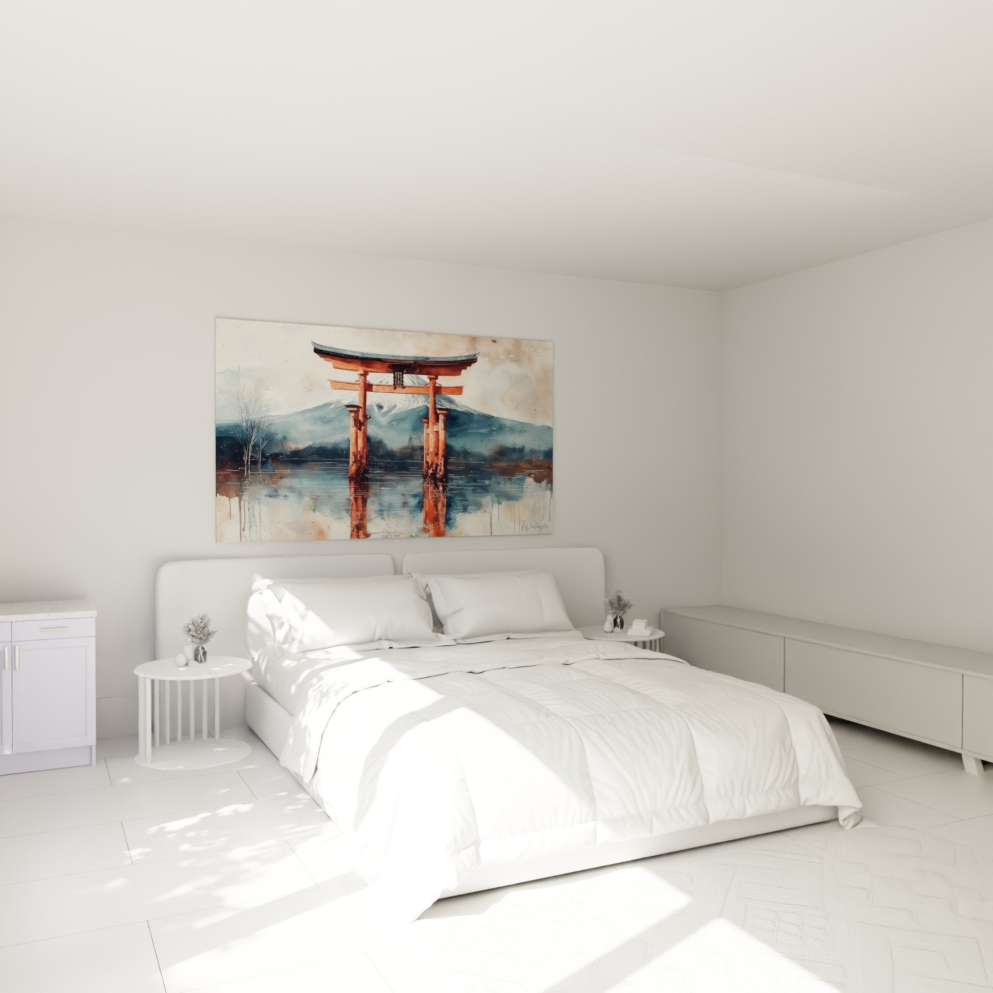 Torii rouge vermillon aquarelle decoration murale chambre ambiance zen japonaise montagnes brumeuses