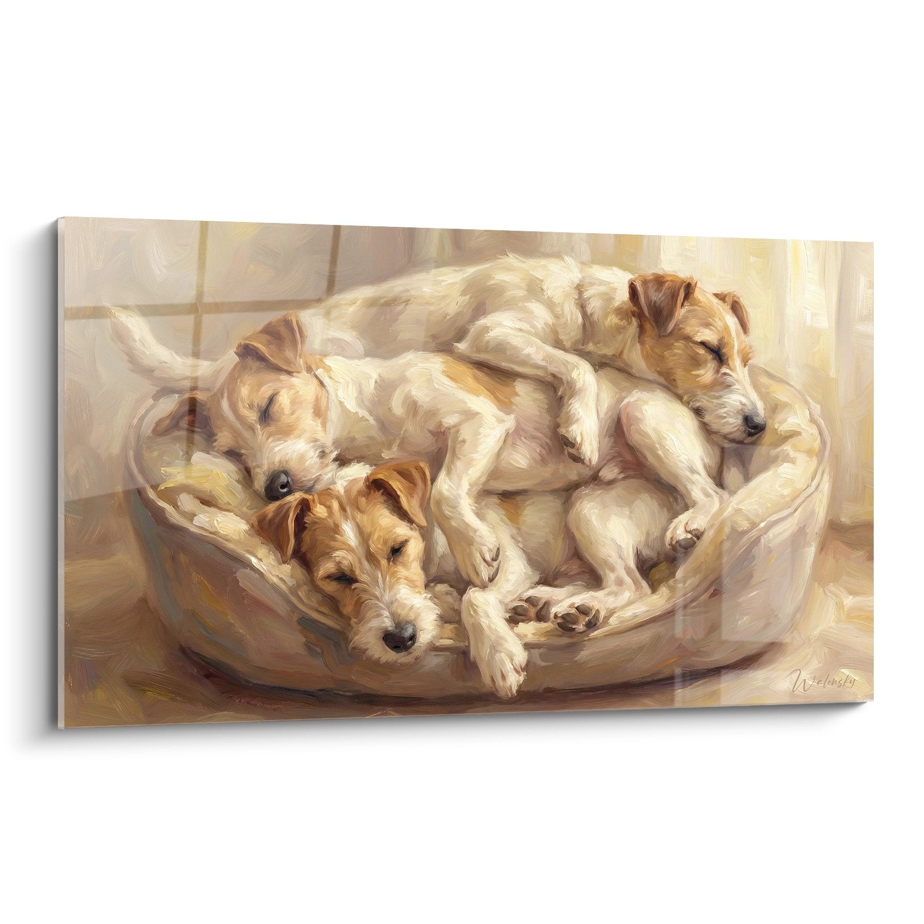 Trois Fox Terriers blottis ensemble dans panier osier tons dorés crème peinture artistique chaleureuse