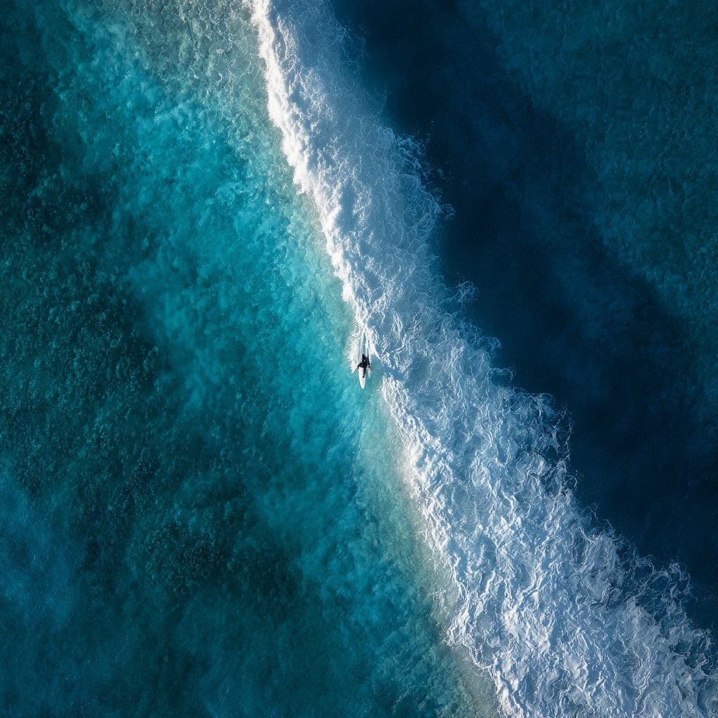 Perspective complete tableau vue aerienne ocean surfeur, art mural decoration interieur theme surf