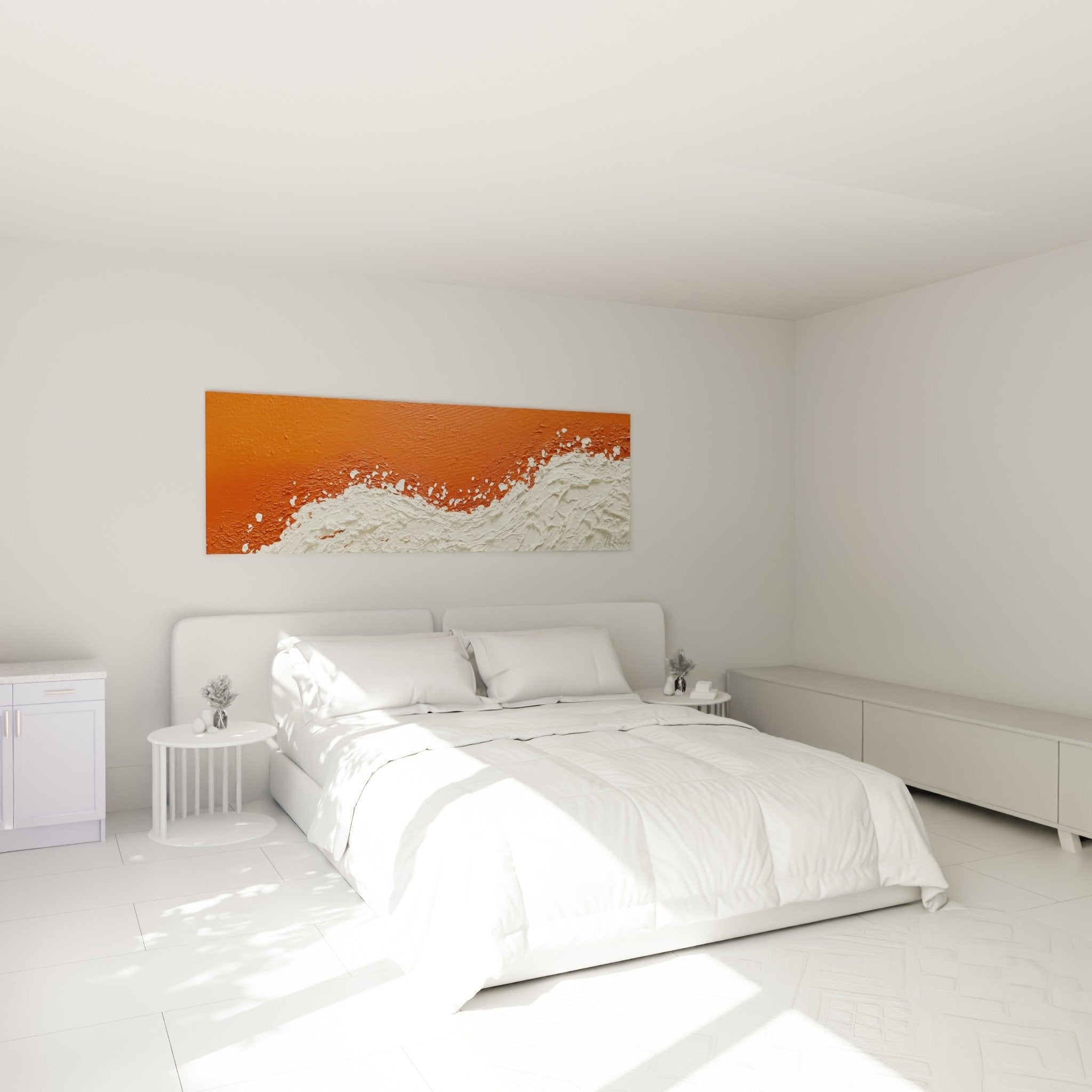 Tableau vague orange texture relief dans chambre moderne decoration murale feng shui centre terre