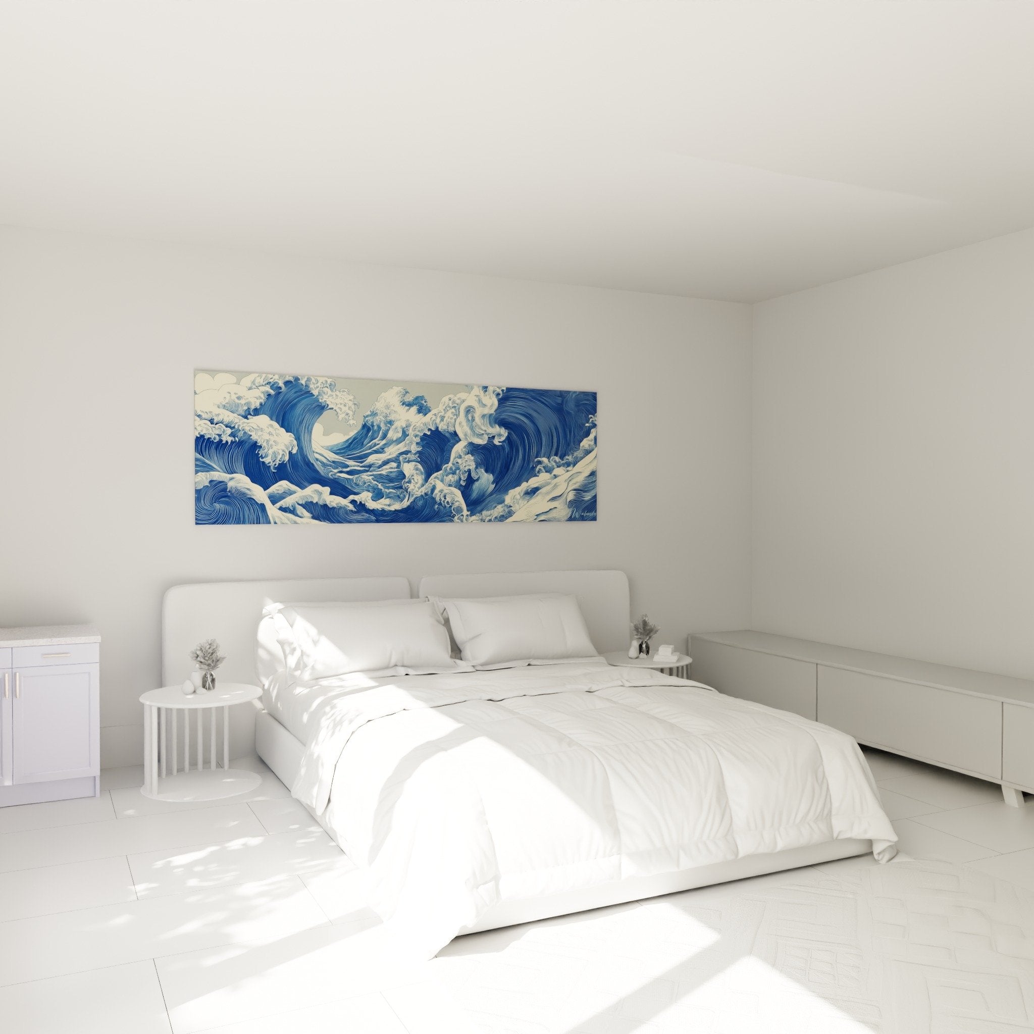 Blue white ocean waves wall art modern bedroom feng shui north water zen ambiance