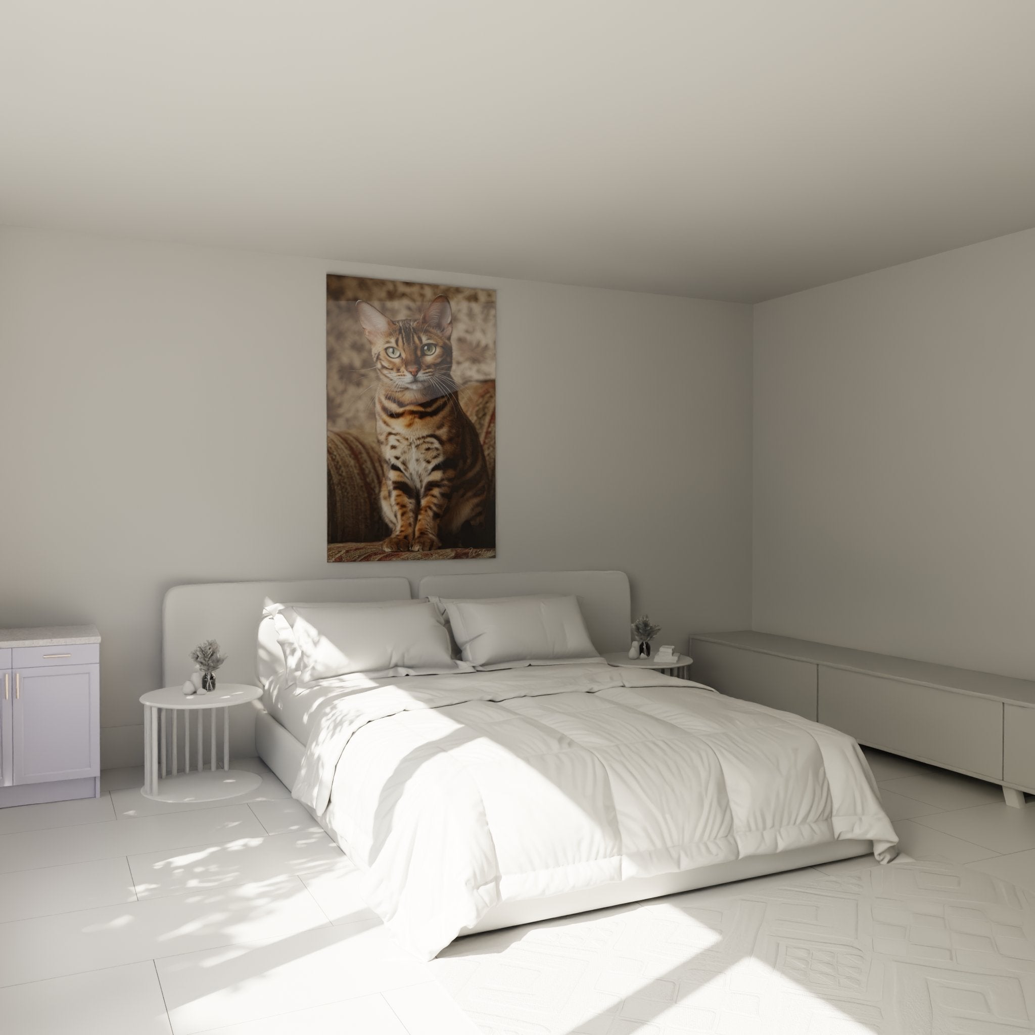 Decoration chambre avec tableau chat Bengal elegant, ambiance chaleureuse et sophistiquee