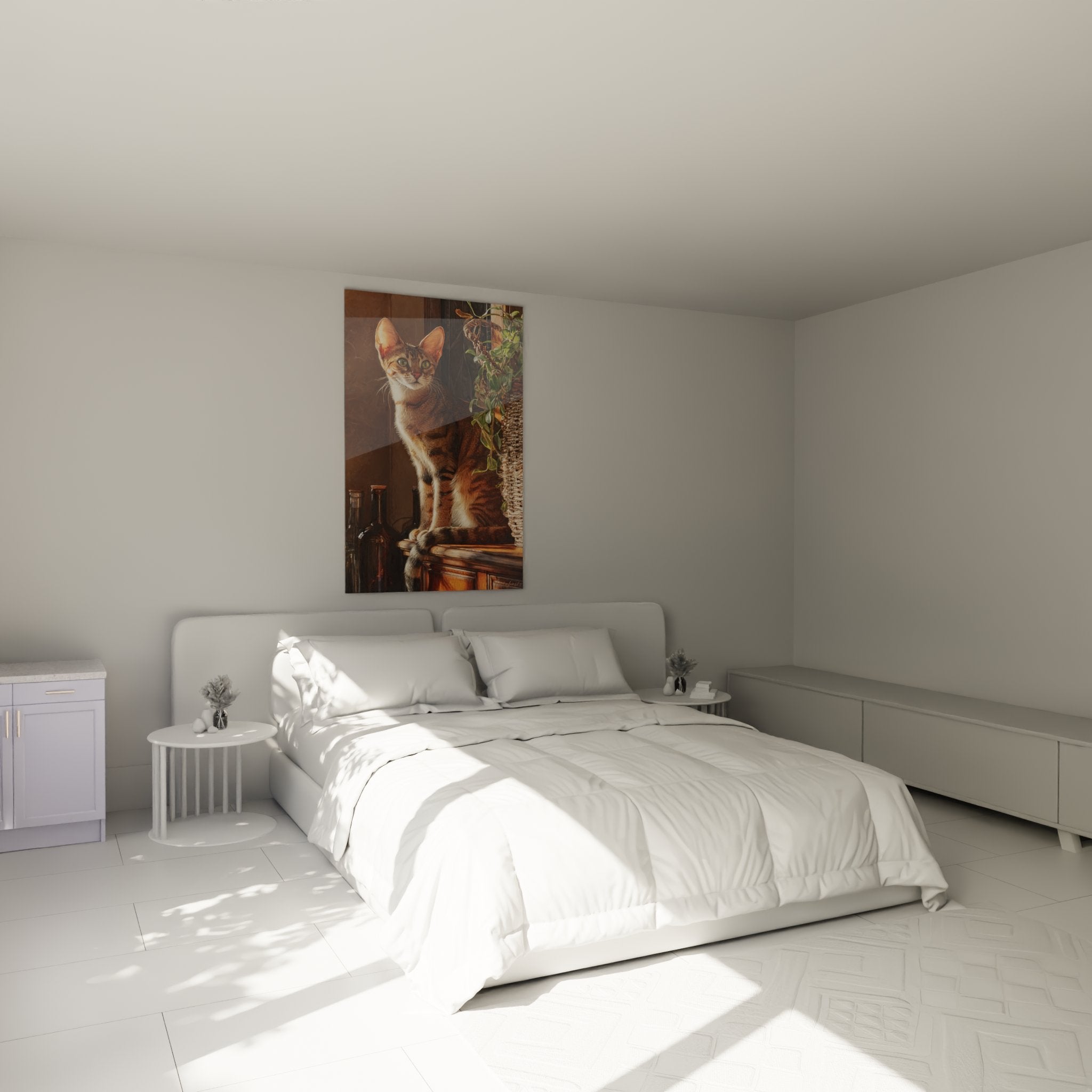 Serengeti cat artwork displayed in modern bedroom with elegant wall decor