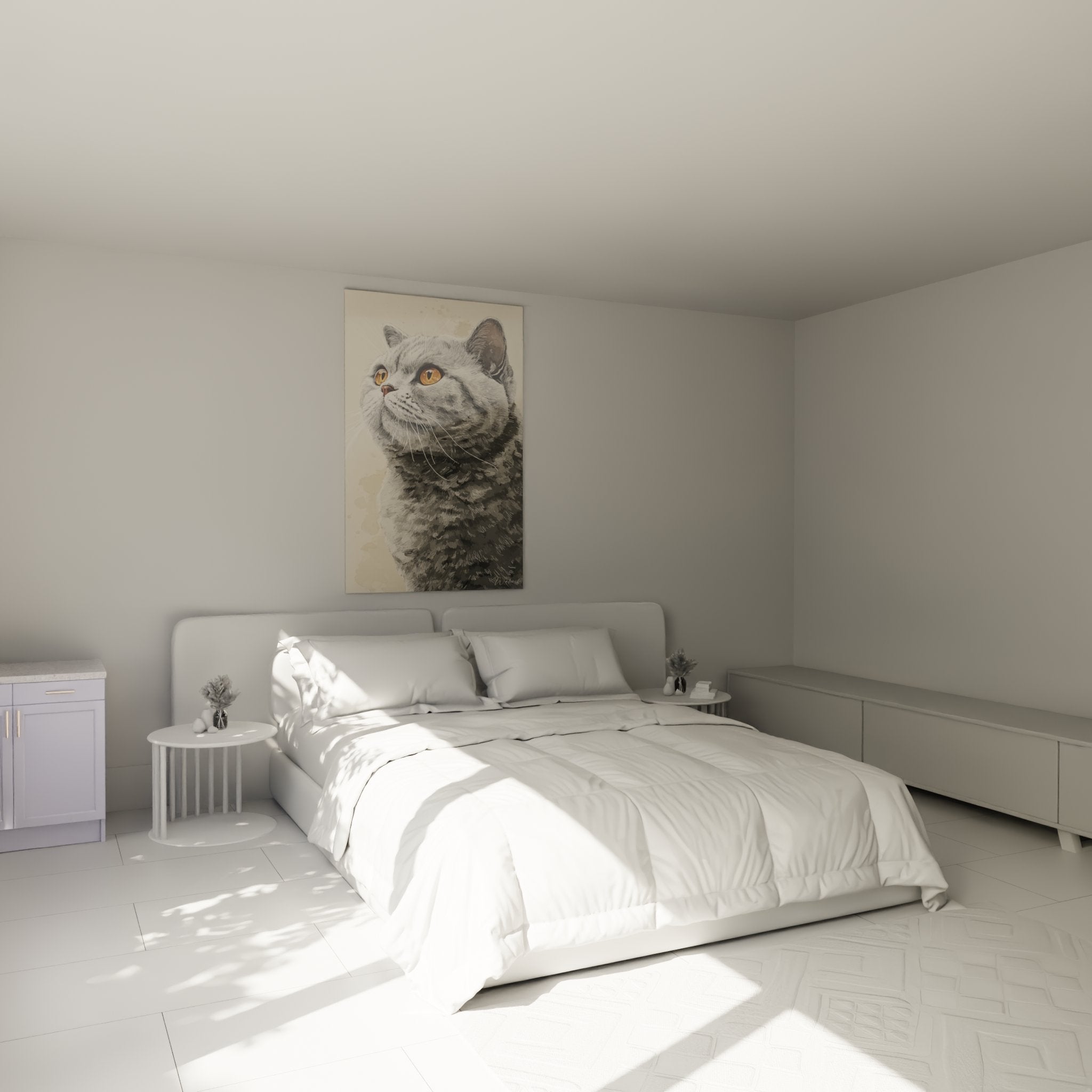 Quadro gatto British Shorthair occhi arancioni appeso in camera moderna, atmosfera decorativa rilassante