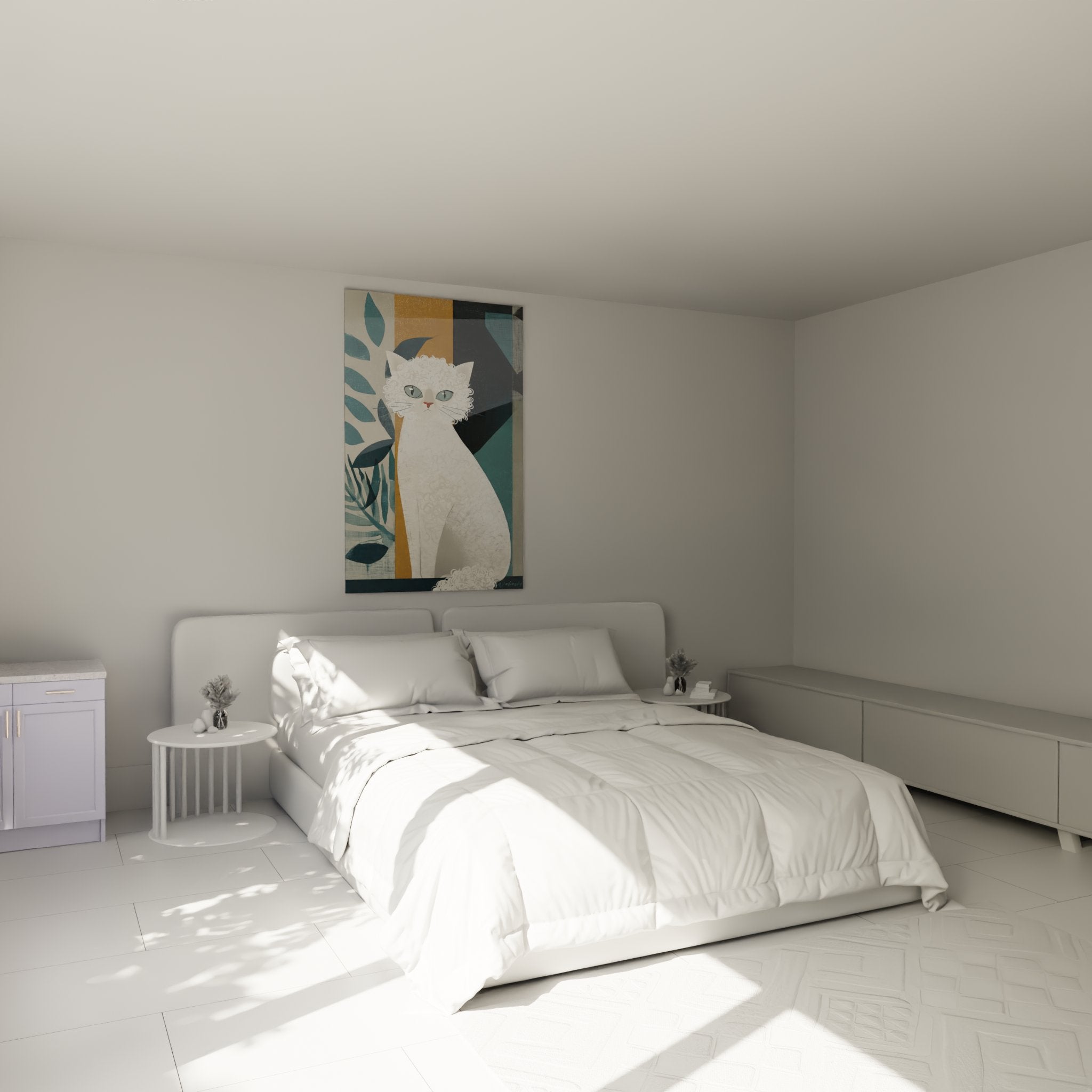 Decoration murale chambre avec tableau chat blanc tropical Selkirk Rex sur mur moderne et elegante